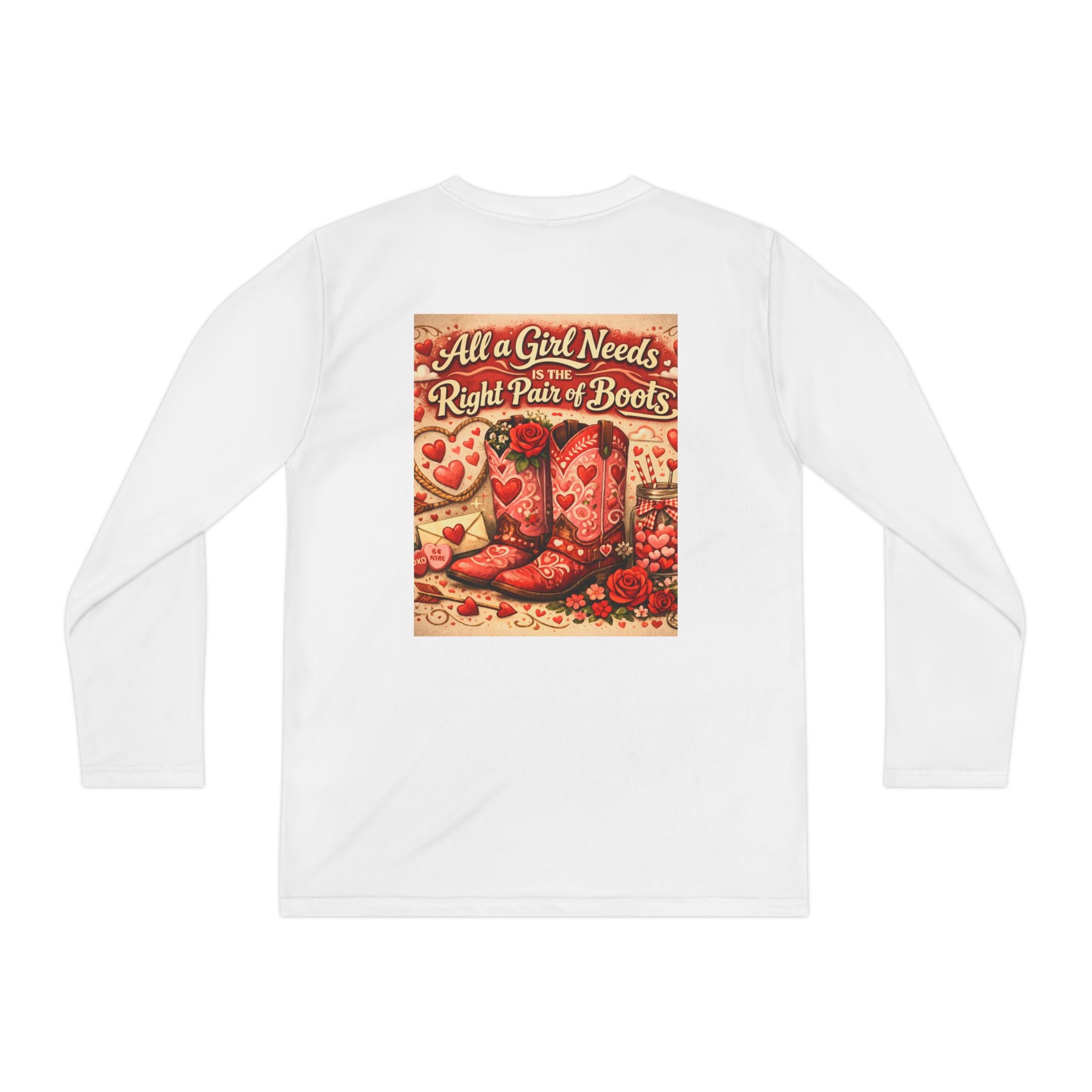 Youth Long Sleeve Tee — “All a Girl Needs is a Right Pair of Boots” Cowboy Boots Graphic
