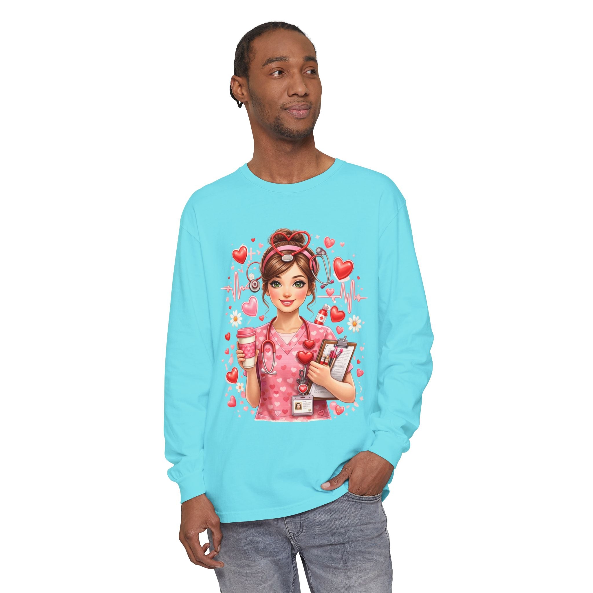 Nurse Love Long Sleeve T-Shirt — Cute Heartbeat Healthcare Graphic