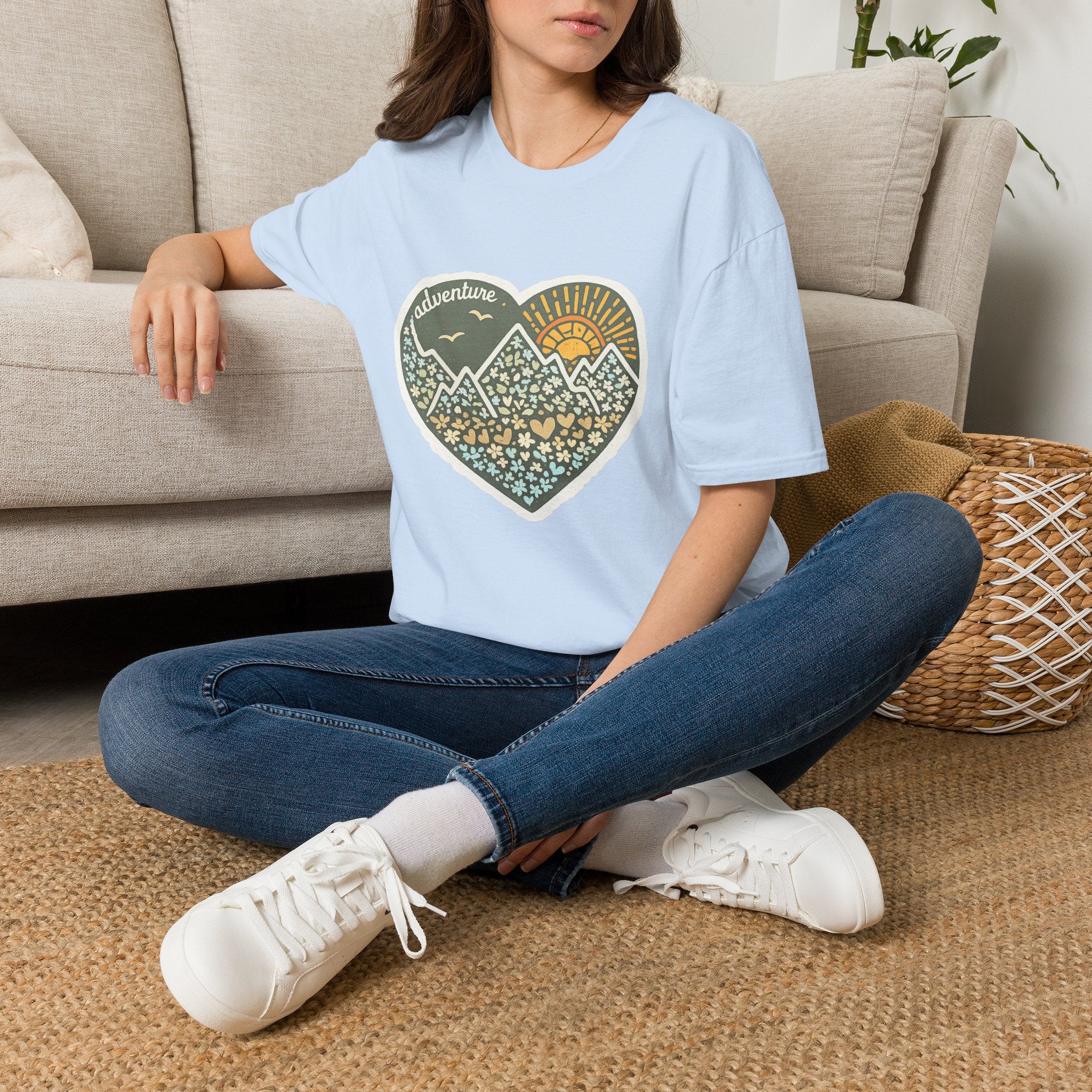 Adventure Heart Mountain T‑Shirt — Sunrise Nature Graphic Tee for Hikers & Outdoor Lovers