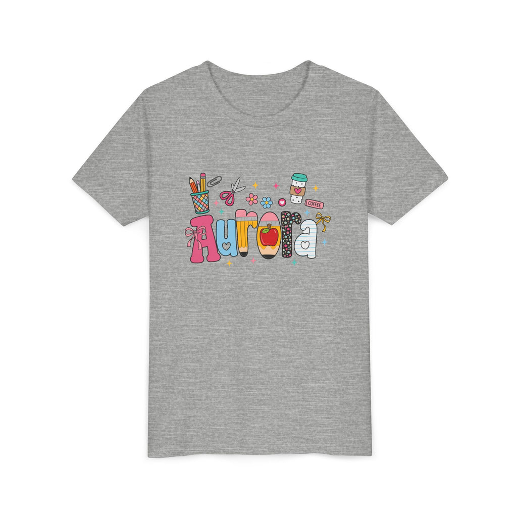 Aurora Kids' Name Tee — Colorful School Supplies Graphic Youth T-Shirt