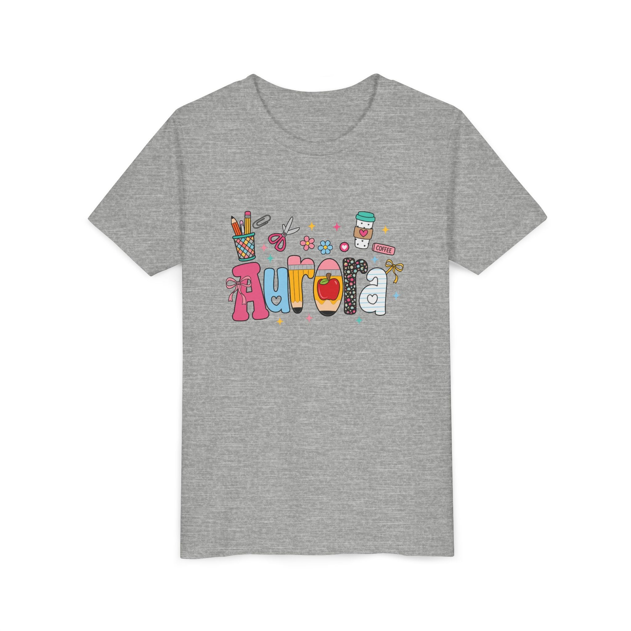 Aurora Kids' Name Tee — Colorful School Supplies Graphic Youth T-Shirt