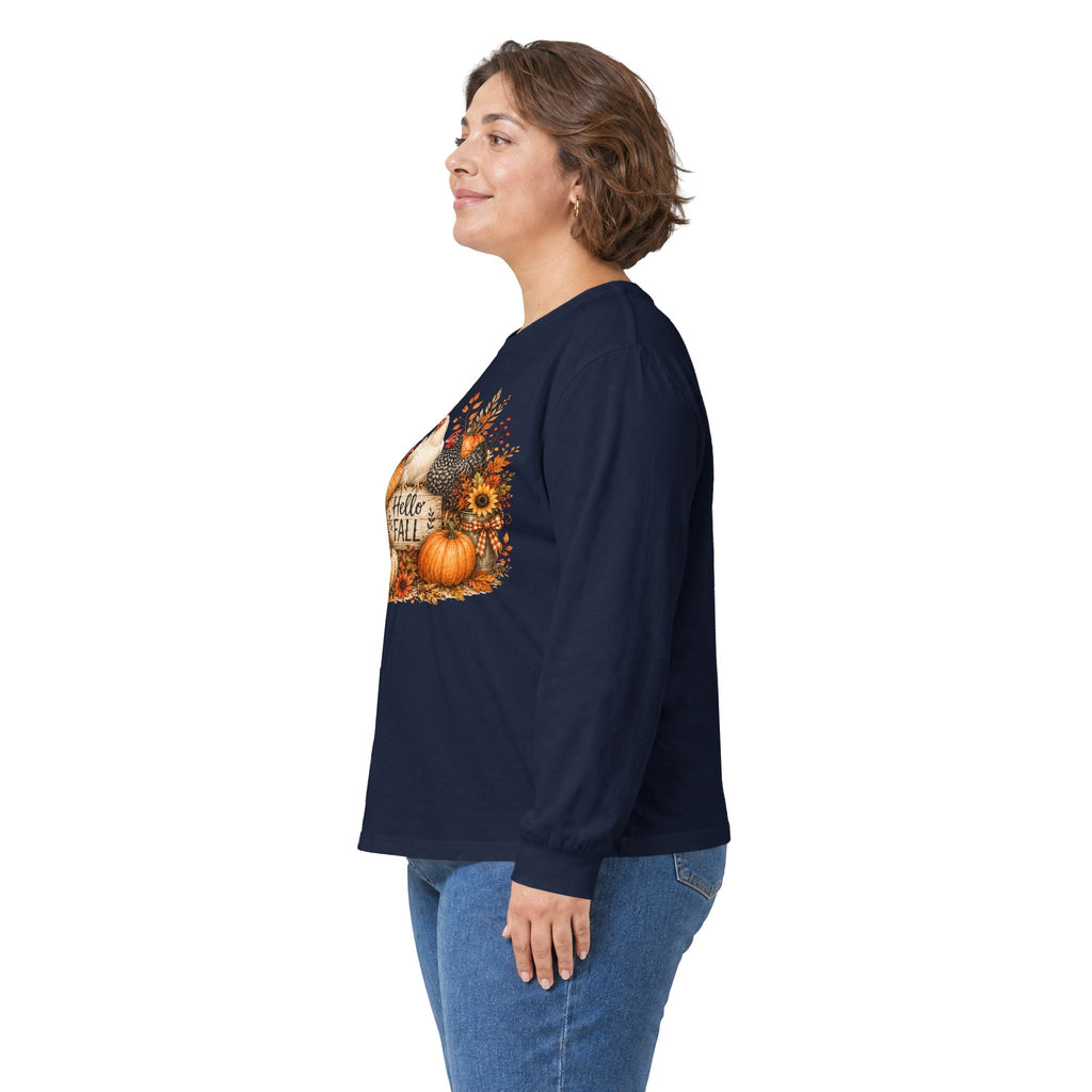 Hello Fall Pumpkin & Chickens Long Sleeve Tee
