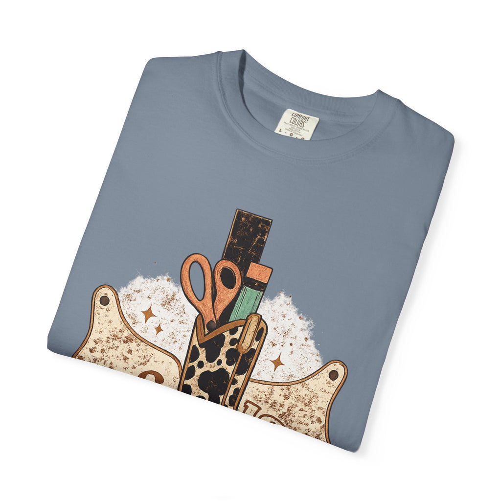 Teacher Cowgirl Boot T-Shirt – ABC 123 Classroom Scissors Design