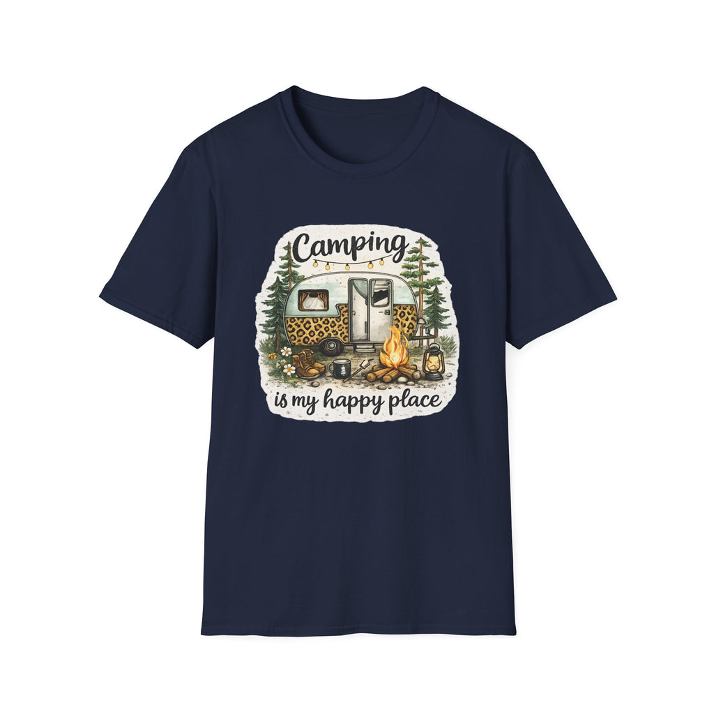 Camping Is My Happy Place T‑Shirt — Leopard Camper Graphic Tee
