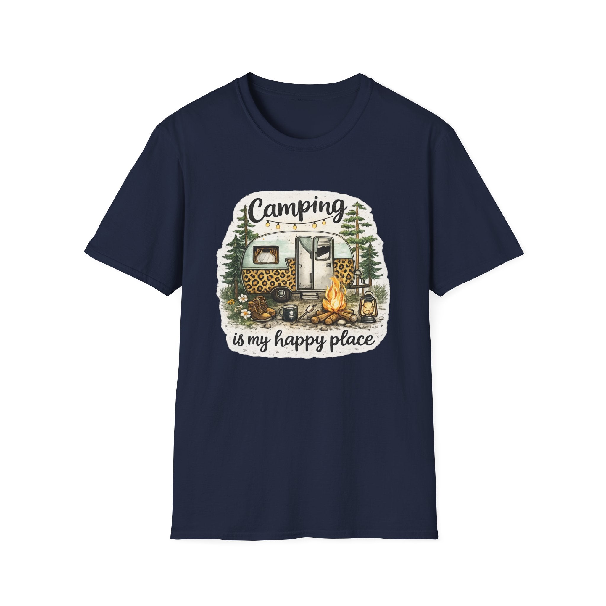 Camping Is My Happy Place T‑Shirt — Leopard Camper Graphic Tee