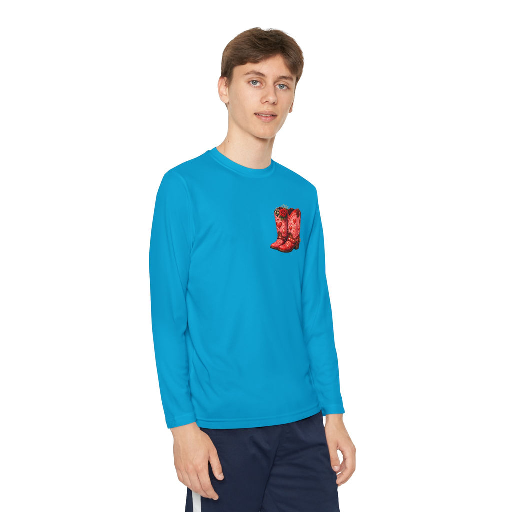 Youth Long Sleeve Tee — “All a Girl Needs is a Right Pair of Boots” Cowboy Boots Graphic