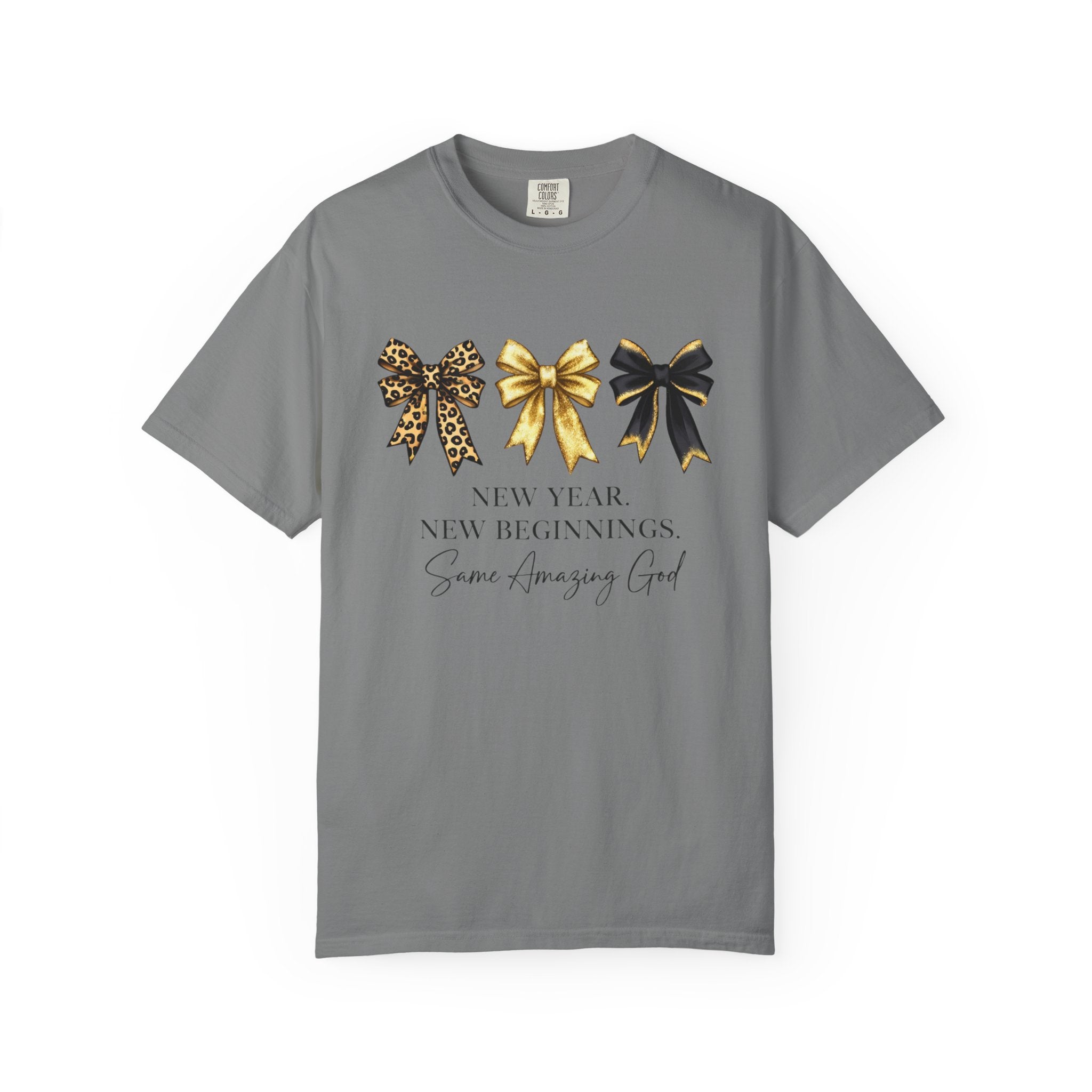 T-Shirt — "New Year, New Beginnings" Gold & Black Bow Graphic Tee
