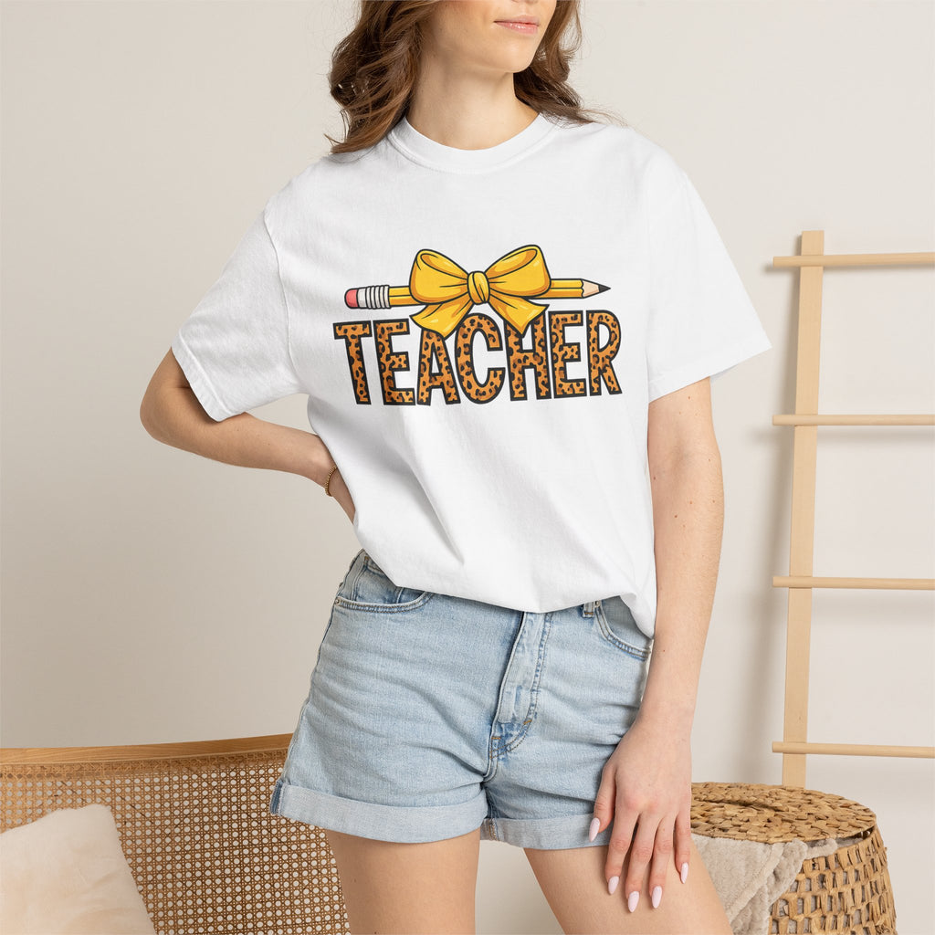 Teacher Leopard Print Pencil Bow T-Shirt — Cute Back-to-School Gift for Educators