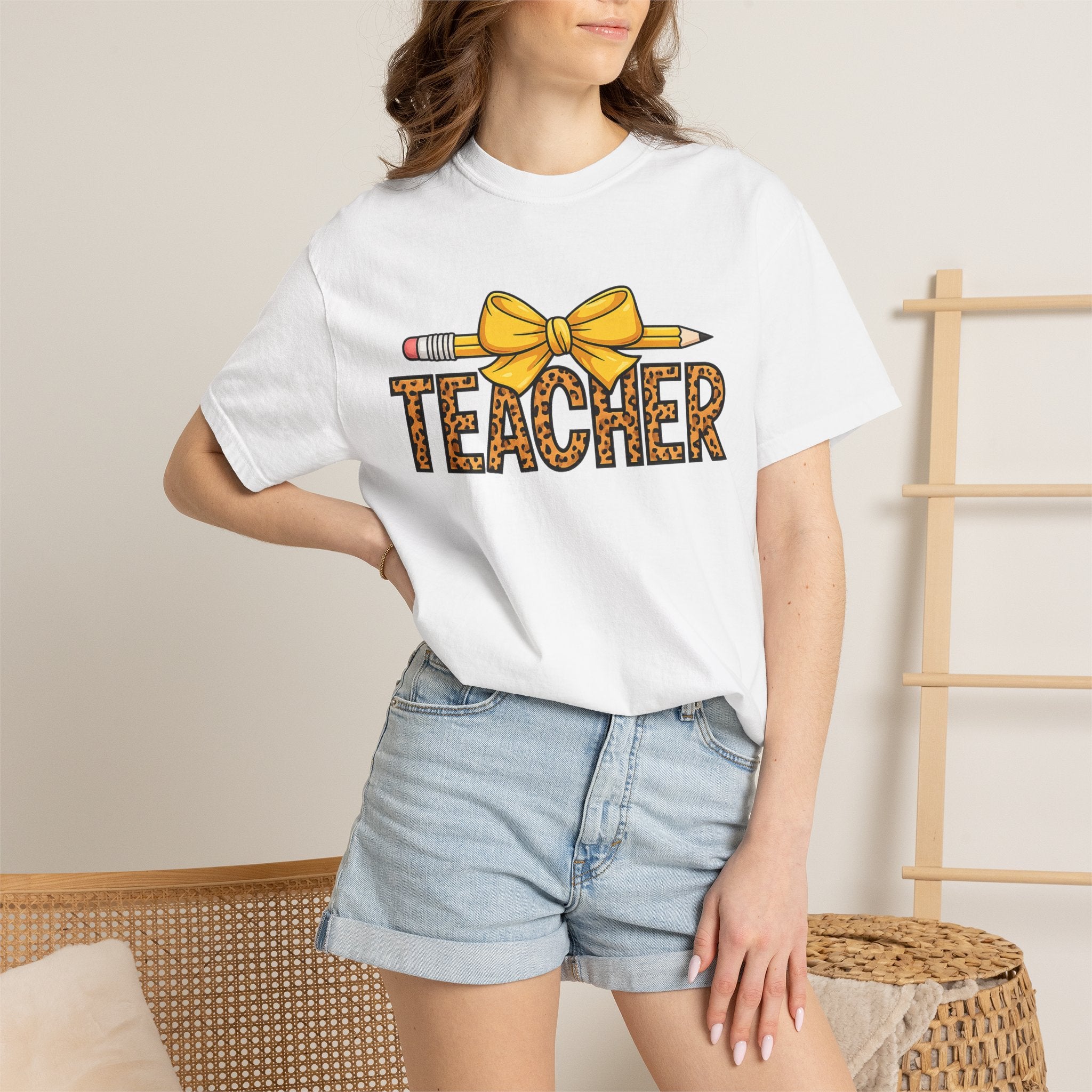 Teacher Leopard Print Pencil Bow T-Shirt — Cute Back-to-School Gift for Educators