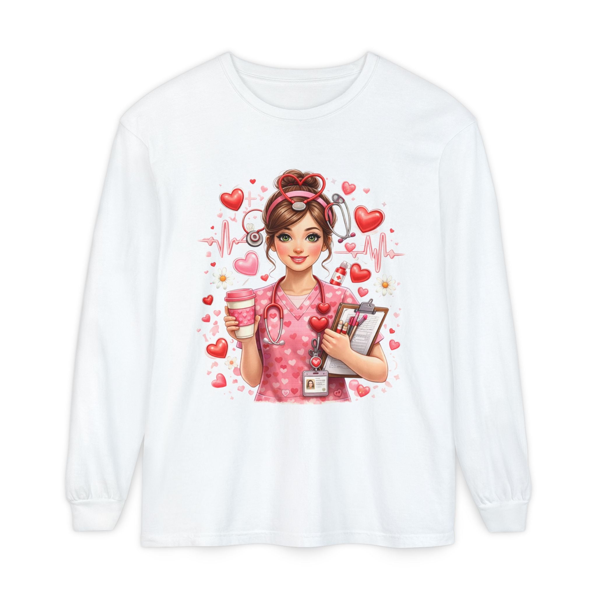 Nurse Love Long Sleeve T-Shirt — Cute Heartbeat Healthcare Graphic