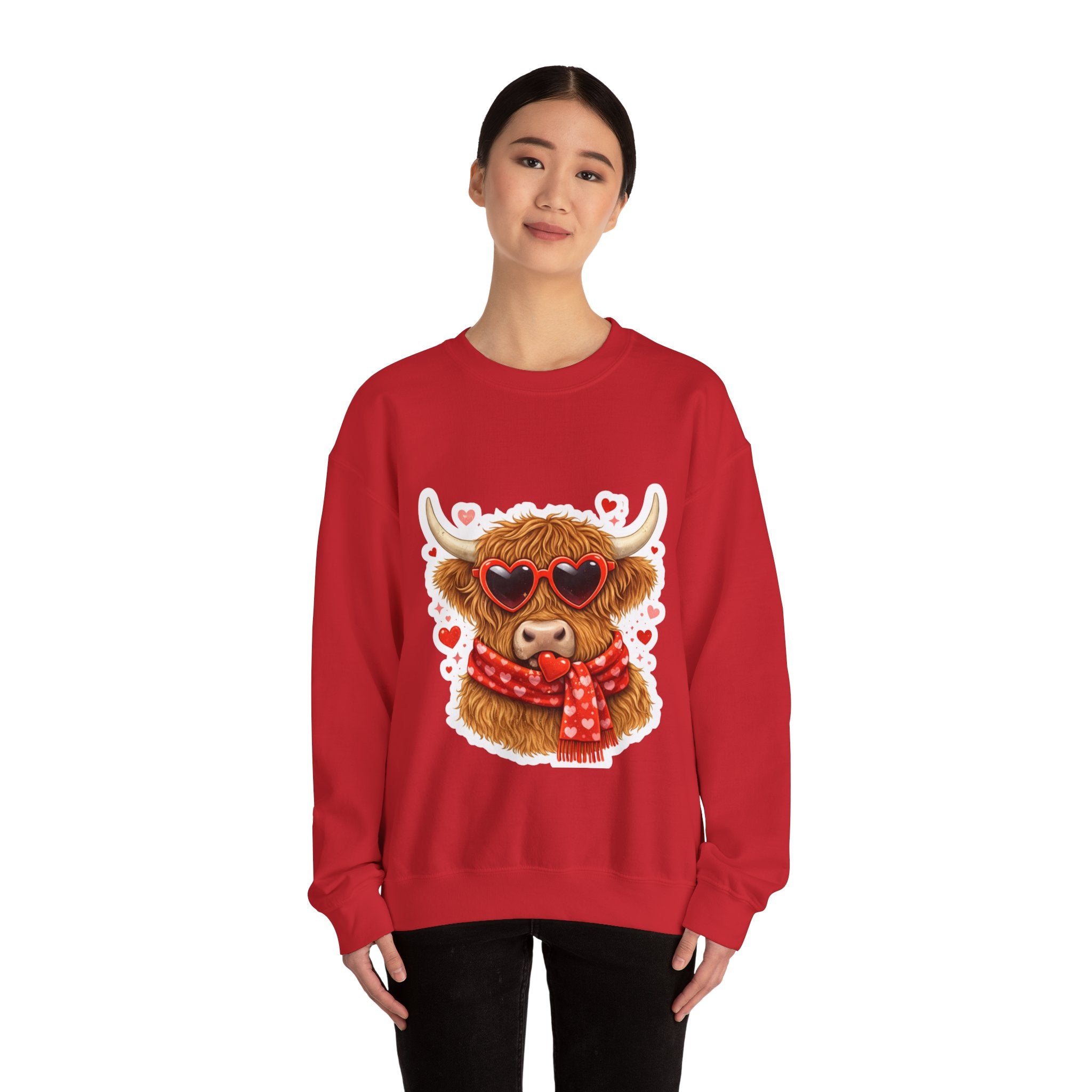 Valentine Highland Cow Sweatshirt – Cute Heart Sunglasses & Scarf Crewneck