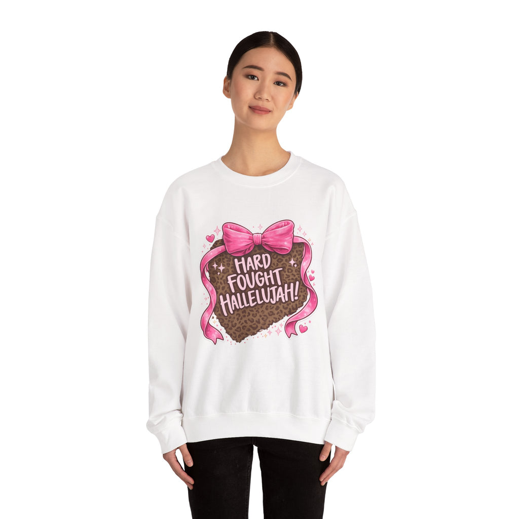 Crewneck Sweatshirt — "Hard Fought Hallelujah" Heart Graphic (Pink Bow, Leopard Print)