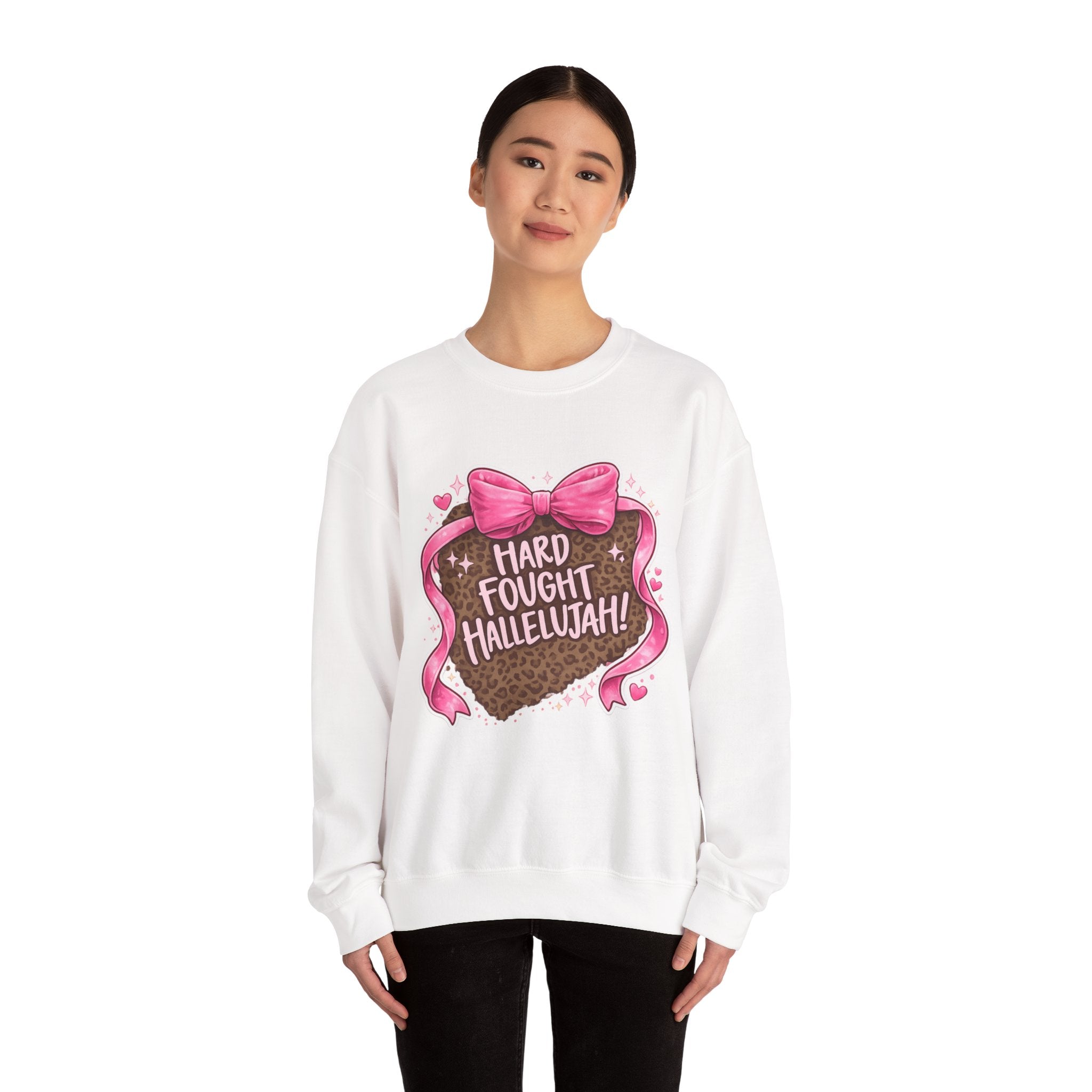 Crewneck Sweatshirt — "Hard Fought Hallelujah" Heart Graphic (Pink Bow, Leopard Print)