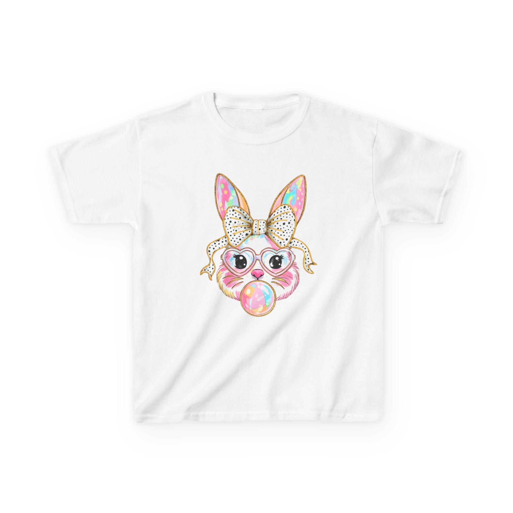 Kids Bunny Bubblegum Tee — Cute Bunny with Bow & Glasses Kids T-Shirt