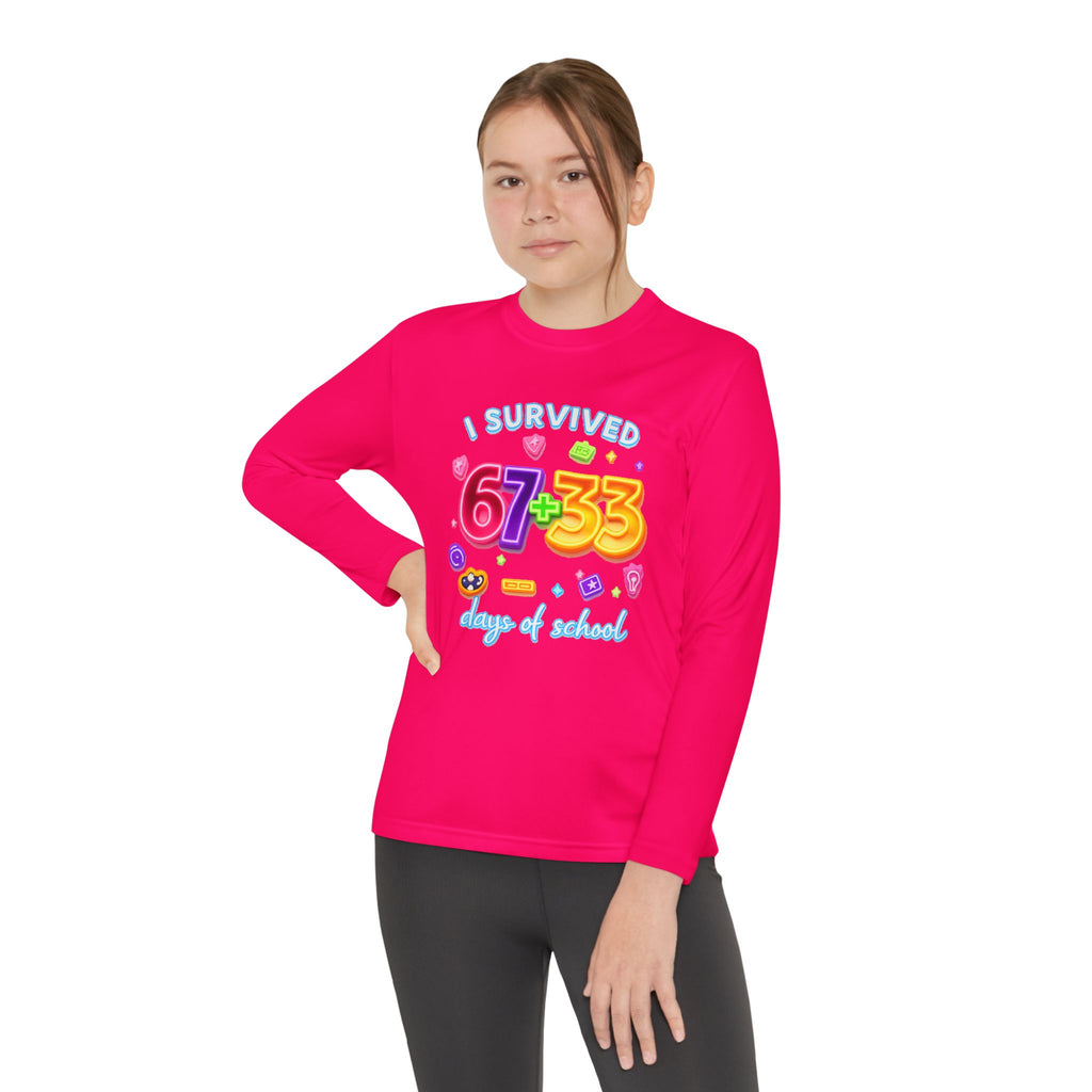 Youth Long Sleeve Tee — "I Survived 67+33 Days of School" Colorful Celebration Shirt