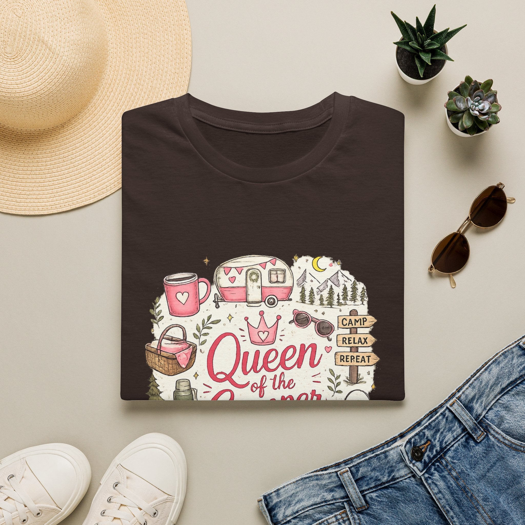 Queen of the Camper T-Shirt — Cute Pink Camping RV Graphic Tee for Women