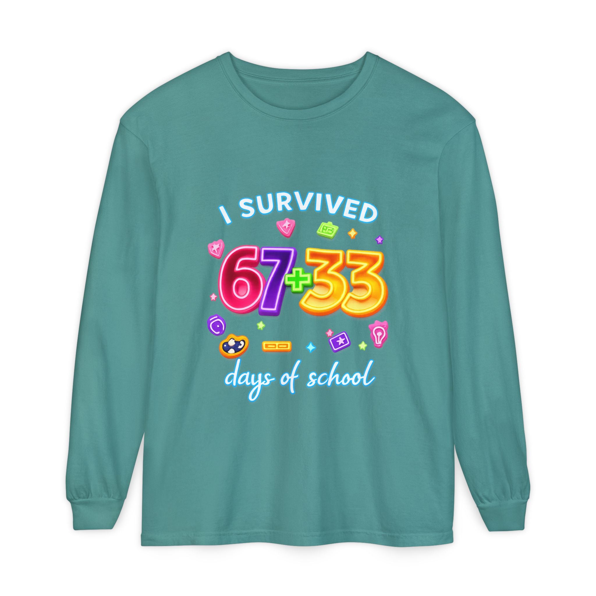Long Sleeve T‑Shirt "I Survived 67+33 Days of School" — Cute Colorful End‑of‑School Celebration Tee
