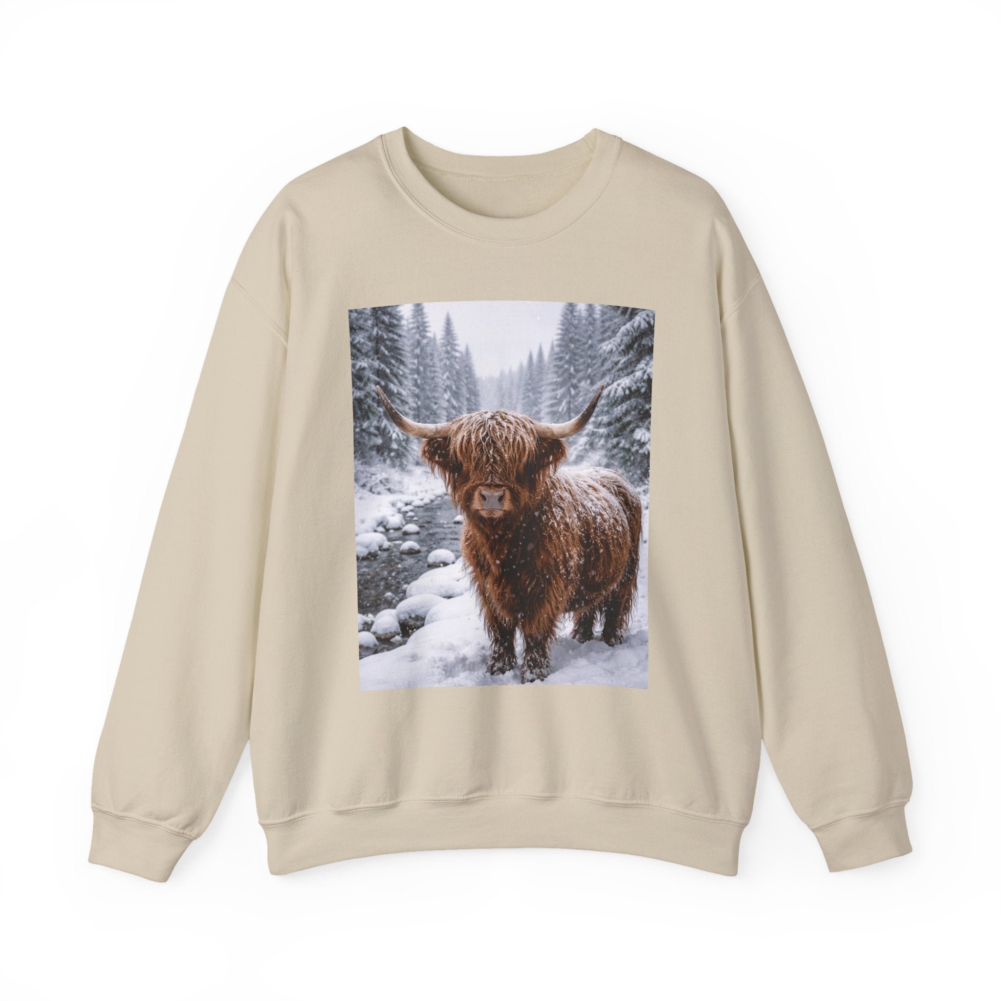 Highland Cow in Snow Crewneck Sweatshirt - Cozy Winter Forest Highlander Graphic