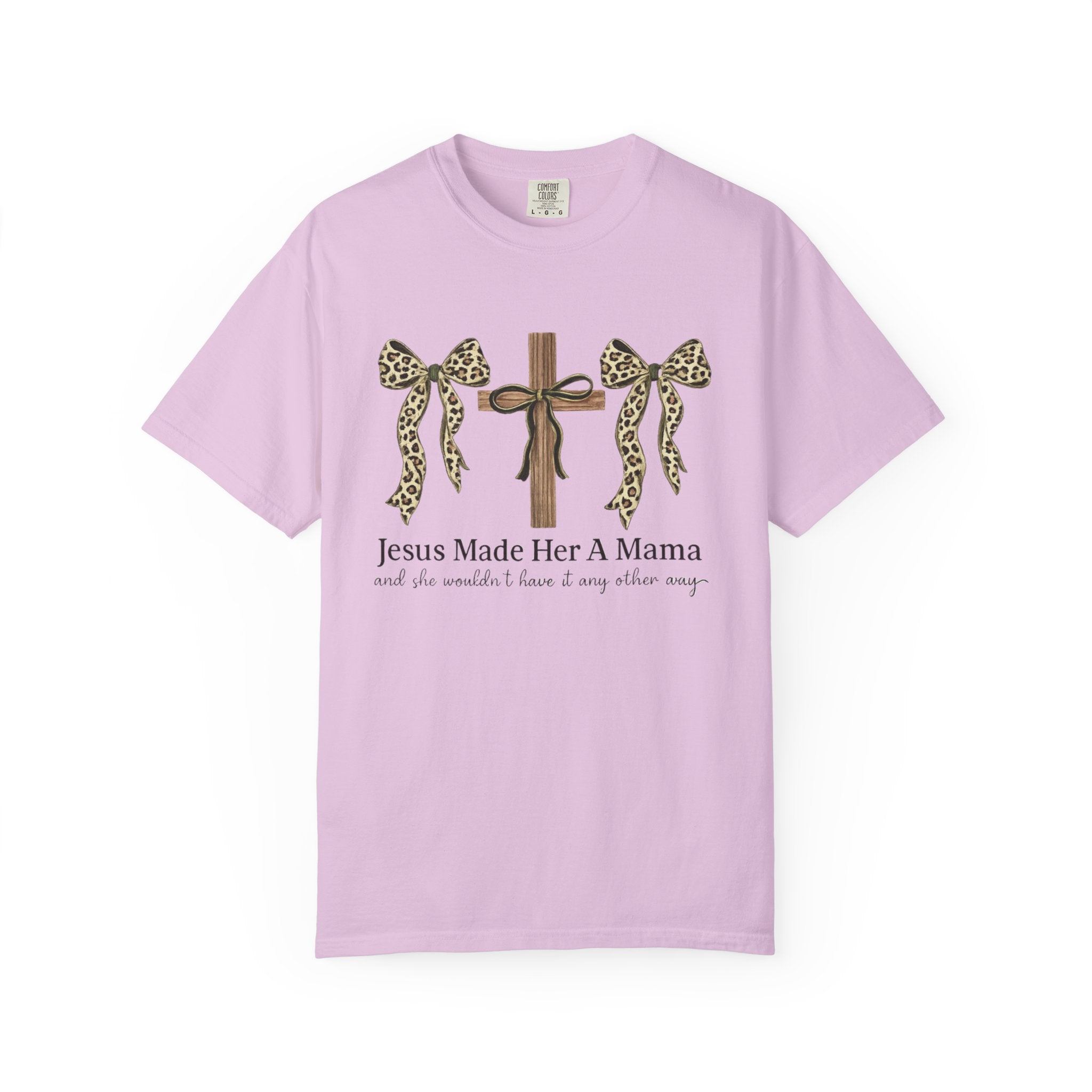 Jesus Made Her a Mama Cross T‑Shirt — Leopard Bow Christian Mother's Day Tee