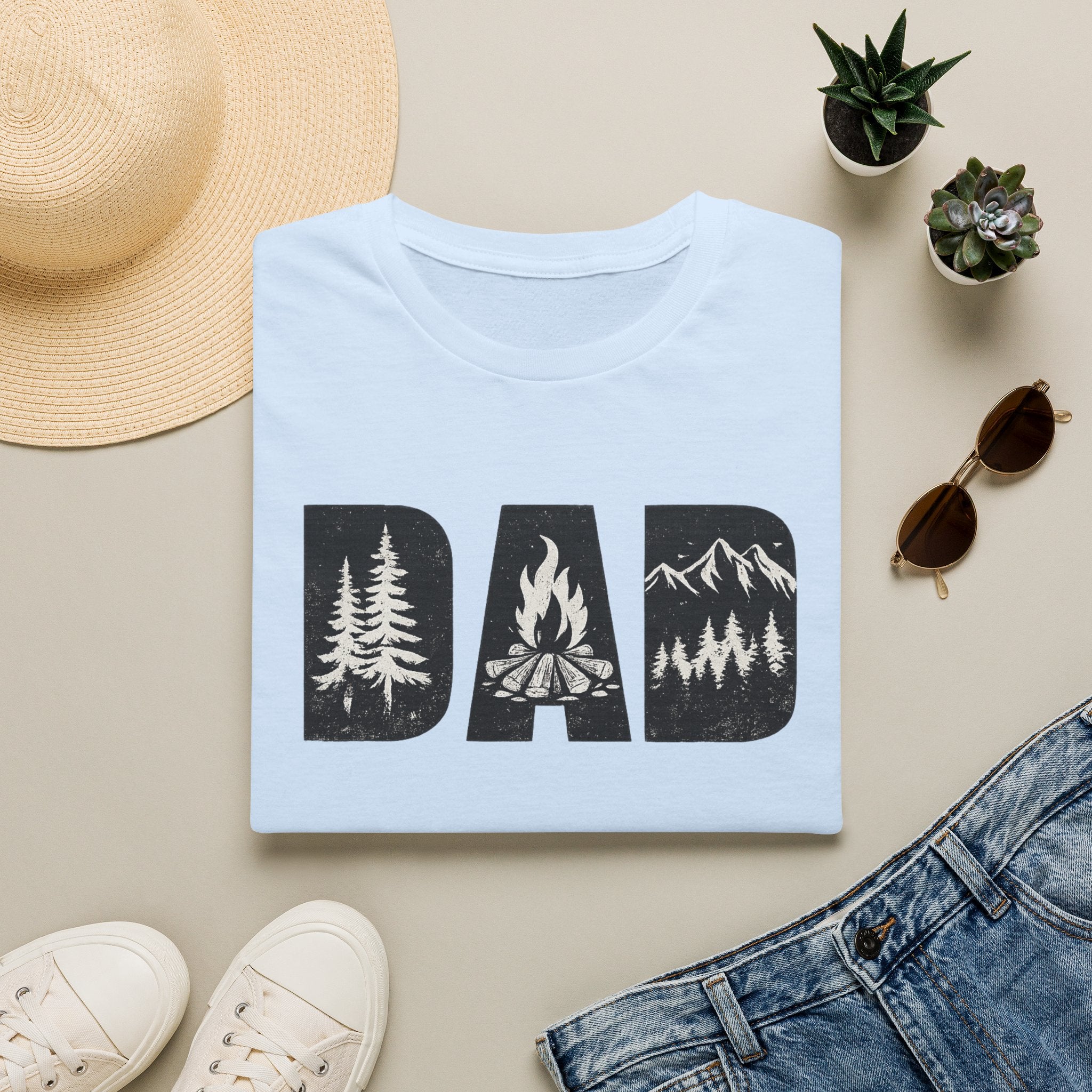 Dad Camping T-Shirt — Rustic Outdoors Father’s Day Shirt (DAD with Trees, Campfire & Mountains)