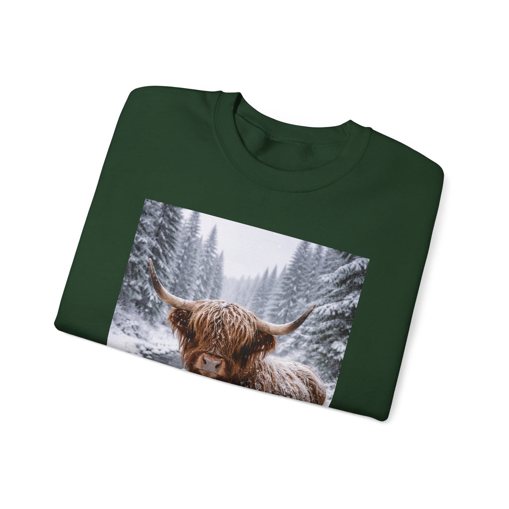 Highland Cow in Snow Crewneck Sweatshirt - Cozy Winter Forest Highlander Graphic