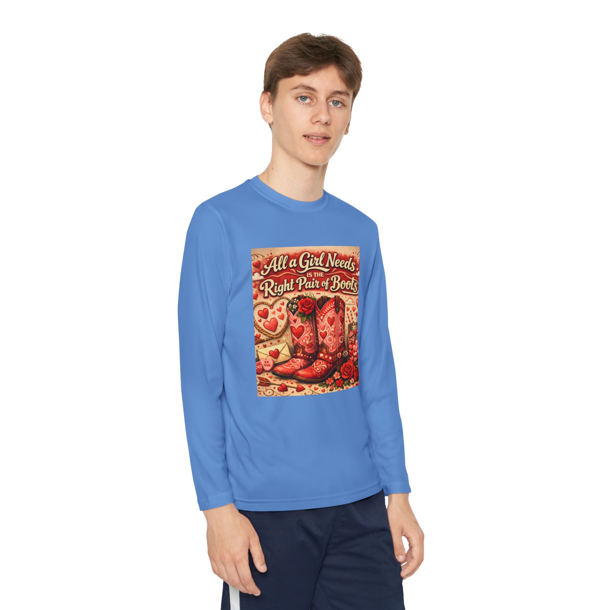 Youth Long Sleeve Tee — "All a Girl Needs is the Right Pair of Boots" Western Graphic
