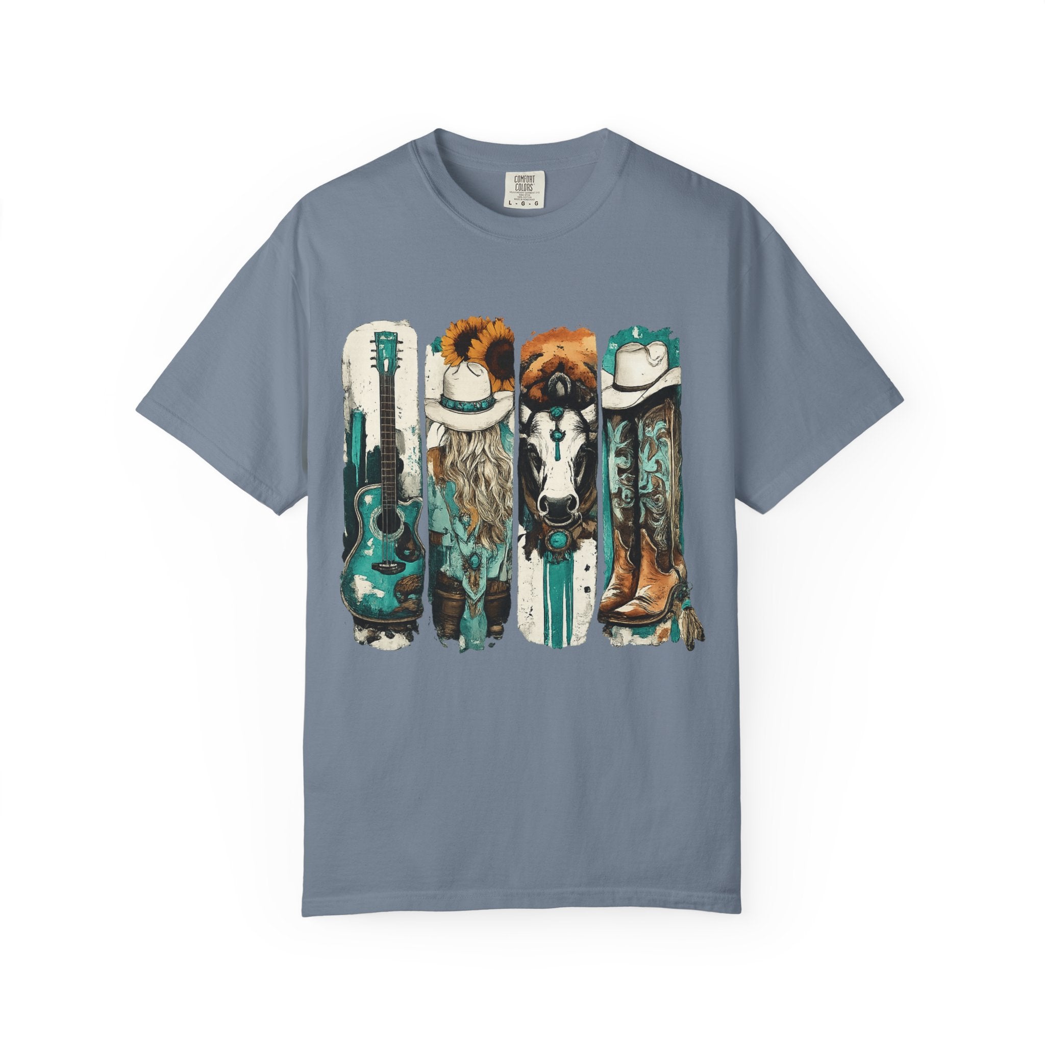 Western Music Icons T-Shirt — Rustic Guitar, Boots & Hat Graphic Tee