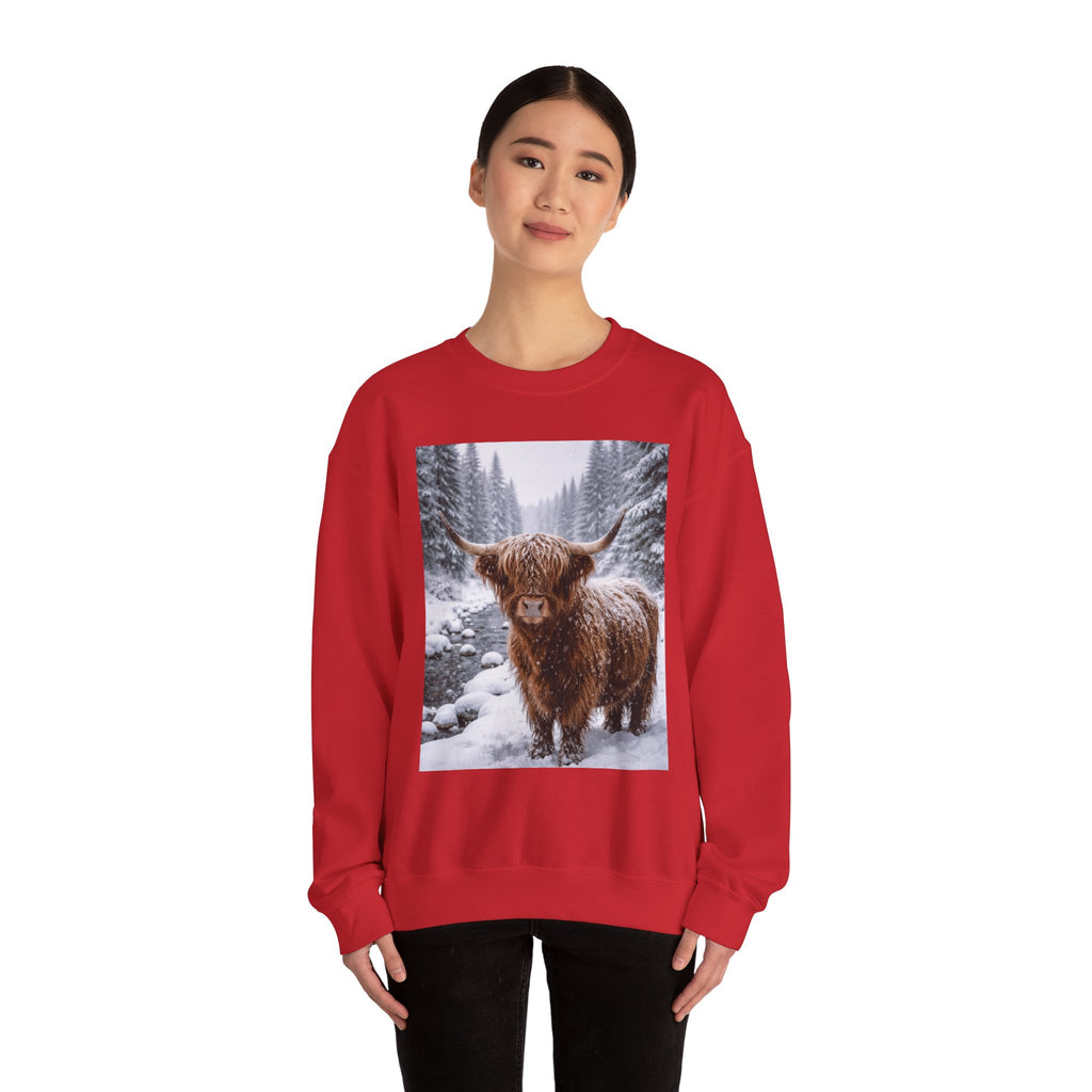 Highland Cow in Snow Crewneck Sweatshirt - Cozy Winter Forest Highlander Graphic