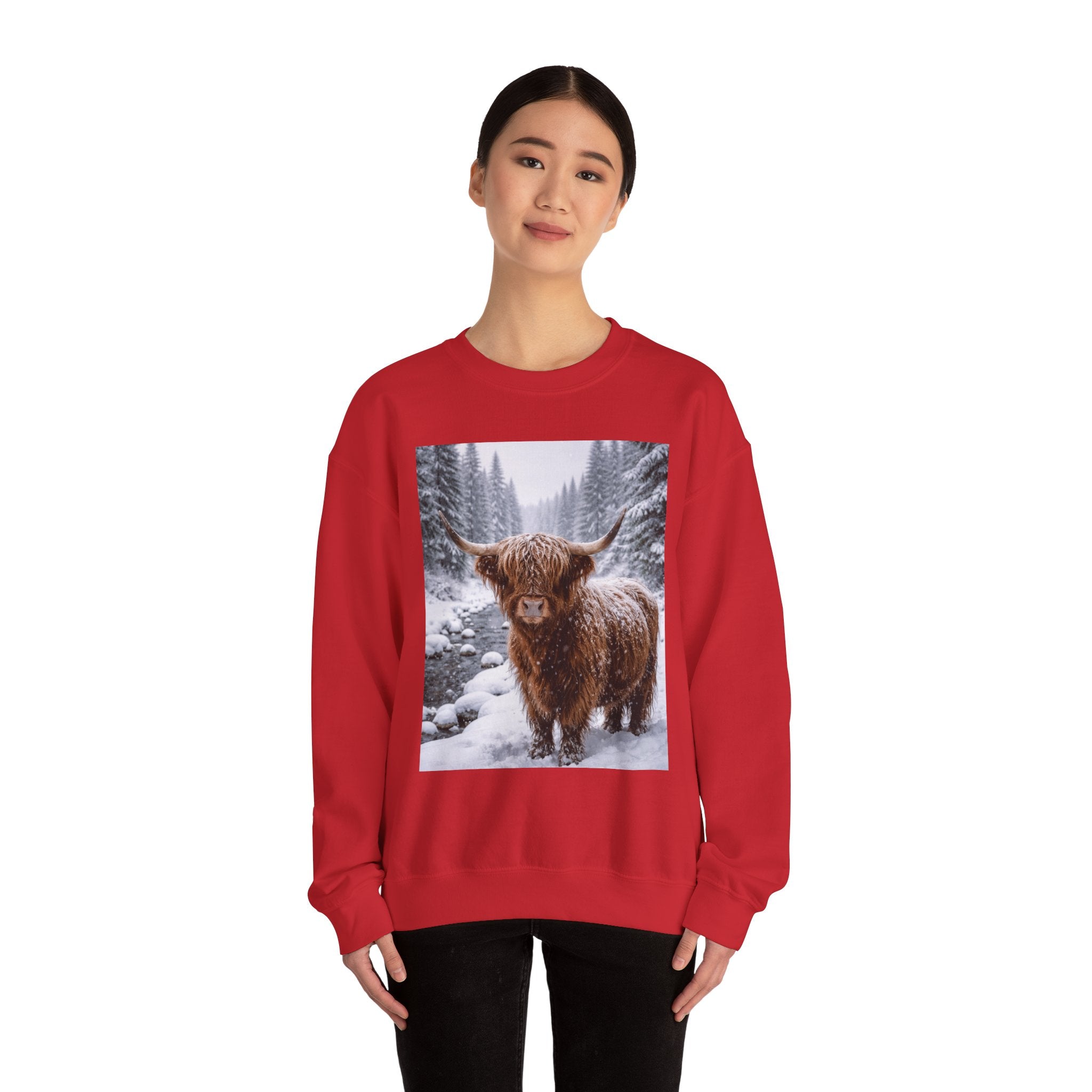 Highland Cow in Snow Crewneck Sweatshirt - Cozy Winter Forest Highlander Graphic