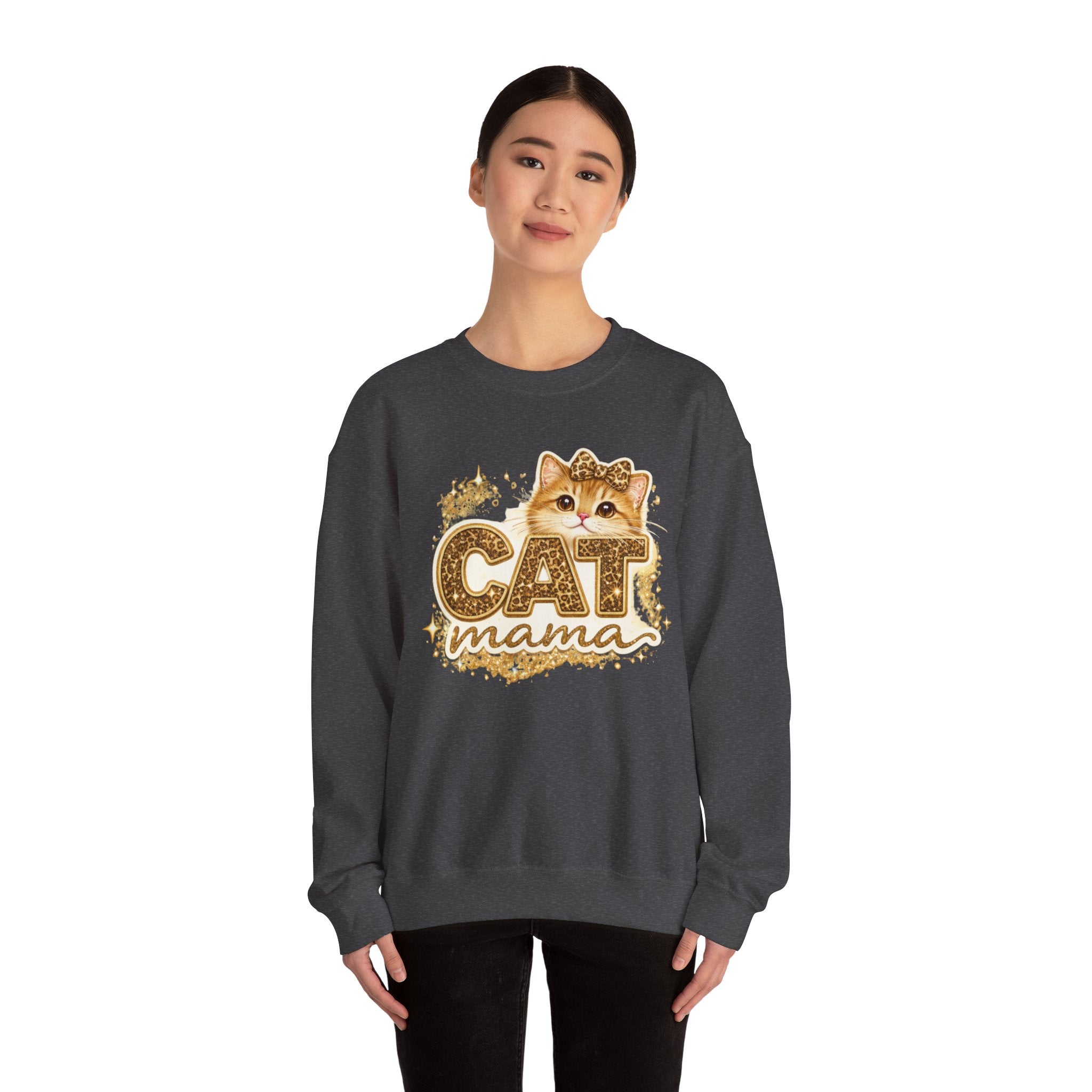 Cat Mama Crewneck Sweatshirt – Cute Gold Glitter Cat Graphic