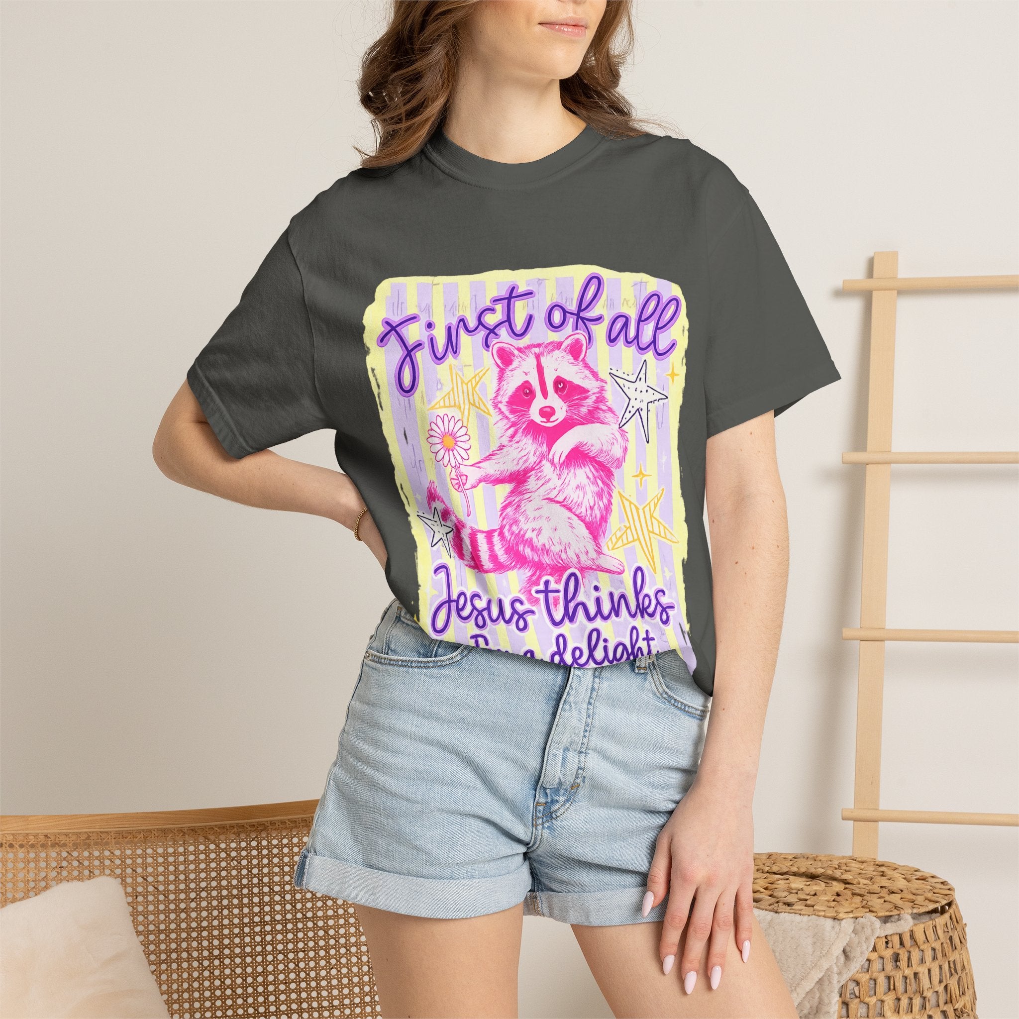 Raccoon Graphic T-Shirt — "First of All Jesus Thinks I’m a Delight" Christian Vintage Style Tee