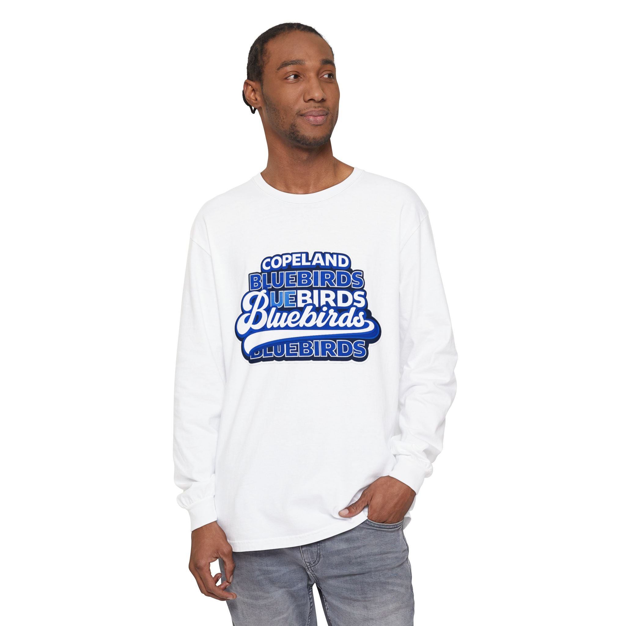 Bluebirds Crew Long Sleeve T‑Shirt — Retro Layered School Spirit Design