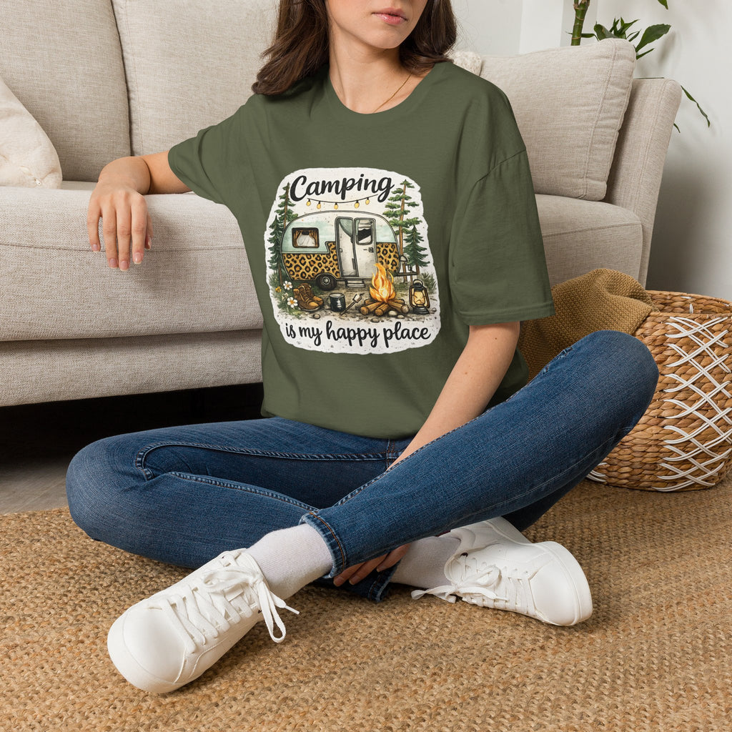 Camping Is My Happy Place T‑Shirt — Leopard Camper Graphic Tee