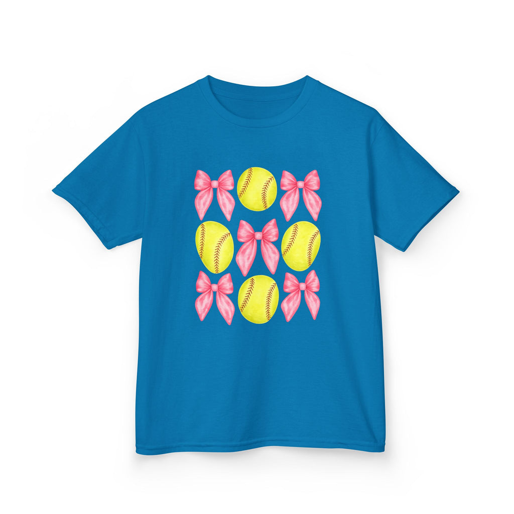 Girls Softball & Bows Kids Tee — Pink Bow Softball Pattern Shirt