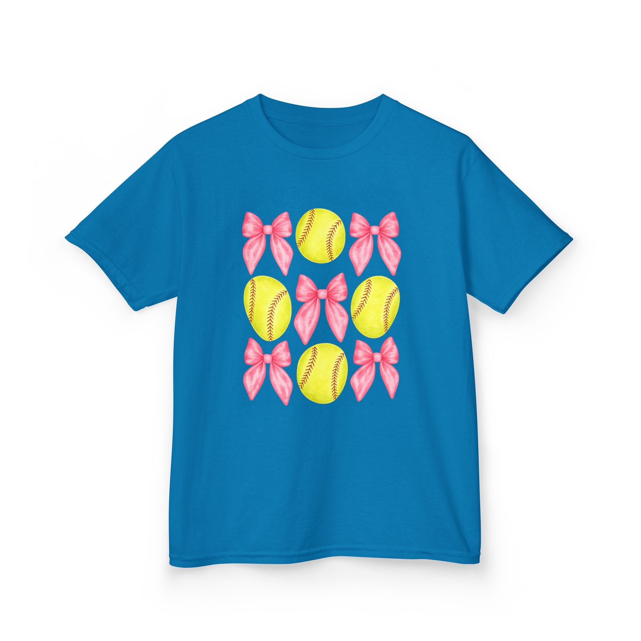 Girls Softball & Bows Kids Tee — Pink Bow Softball Pattern Shirt