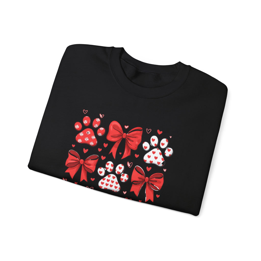 Valentine Paw Print Crewneck Sweatshirt — Red Bows & Hearts Pet Lover Pullover