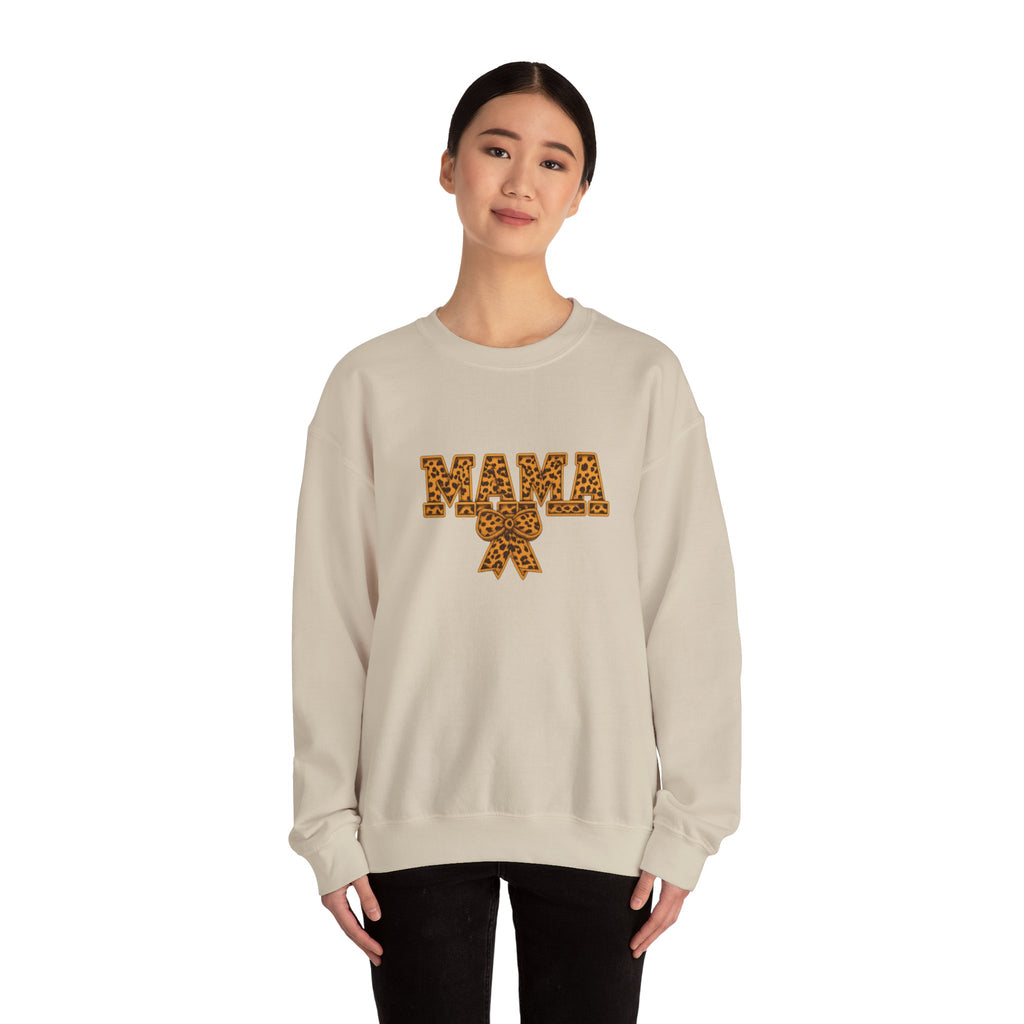 Mama Leopard Print Crewneck Sweatshirt — Floral Bow "MAMA" Graphic