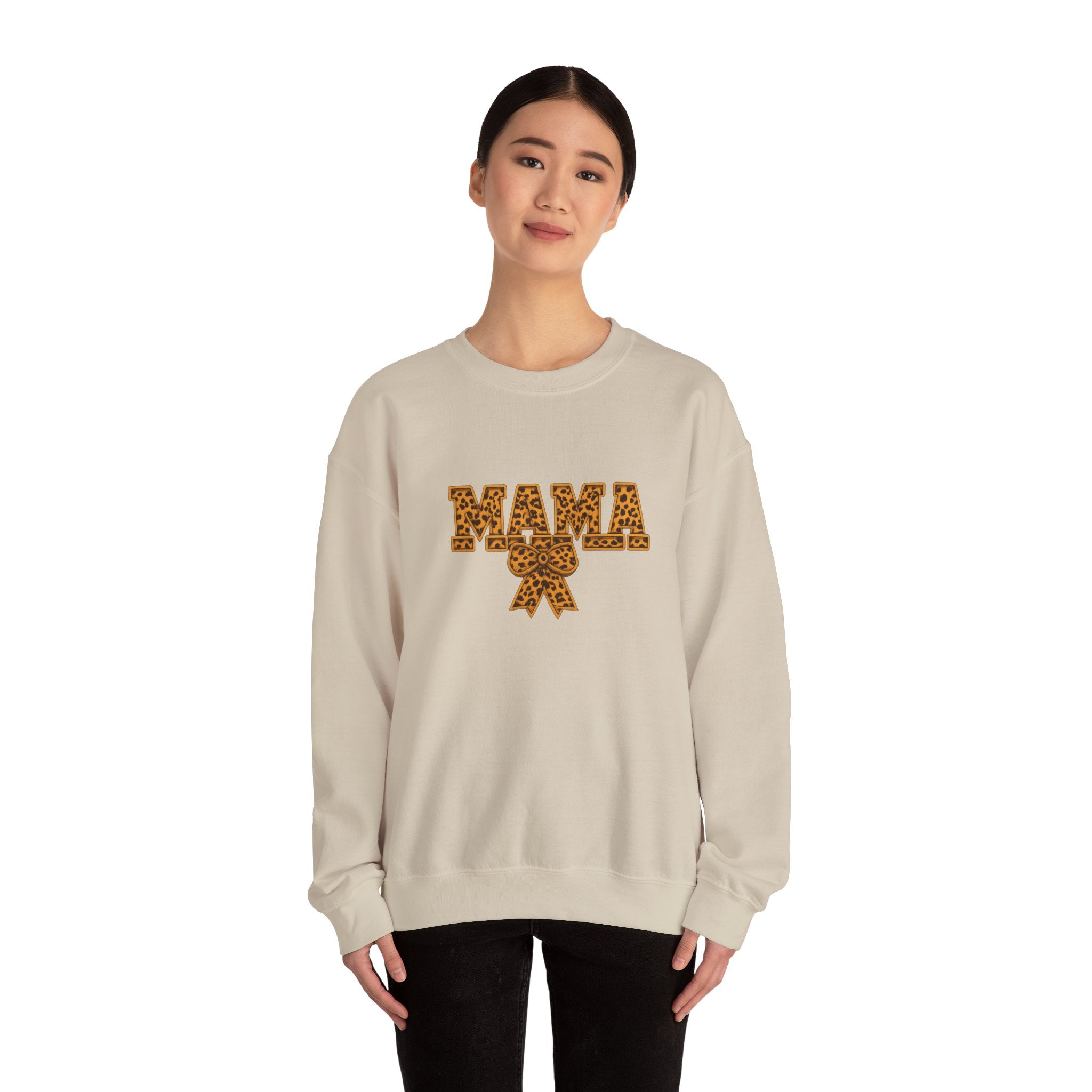 Mama Leopard Print Crewneck Sweatshirt — Floral Bow "MAMA" Graphic