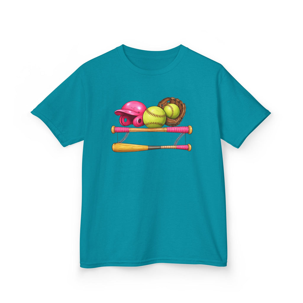Kids Softball Gear T-Shirt — Pink Helmet, Bat & Glove Baseball Design