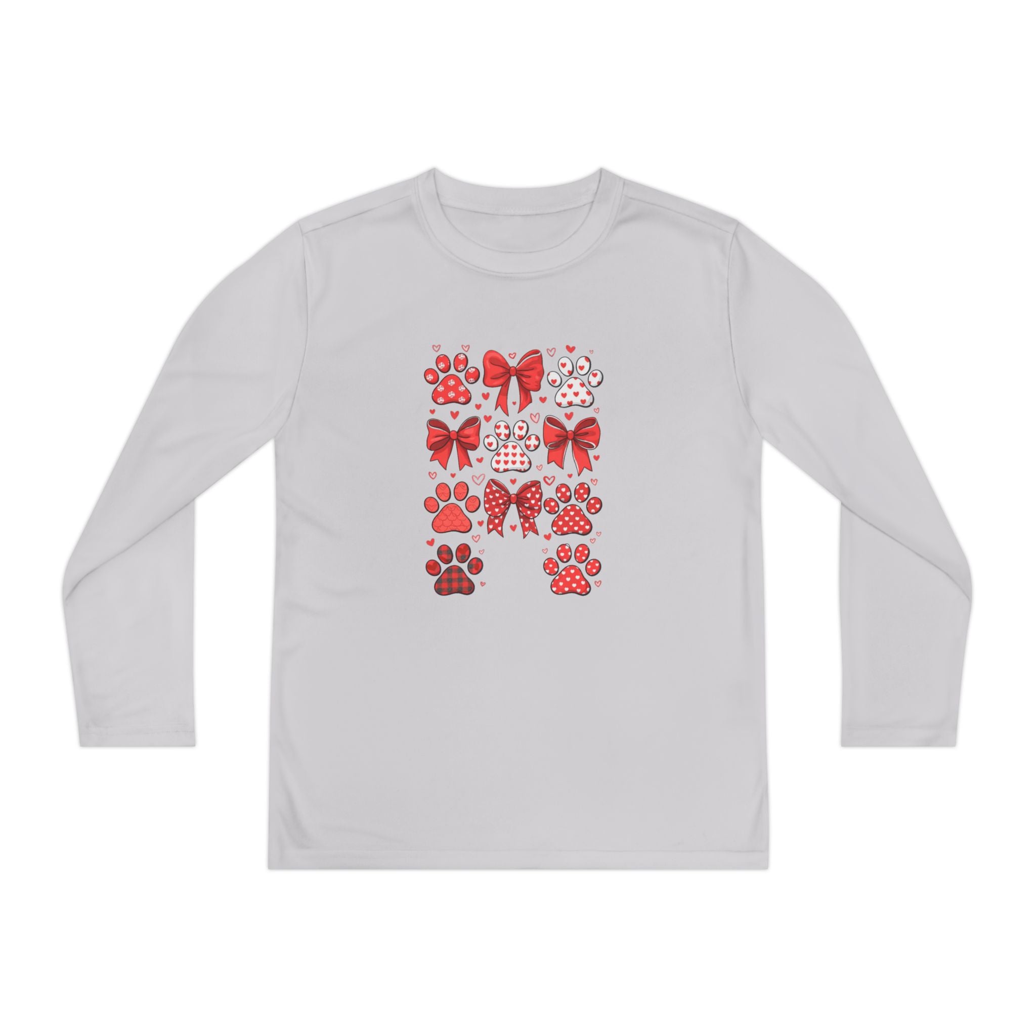 Youth Long Sleeve Tee - Red Paw & Bow Valentine Animal Print