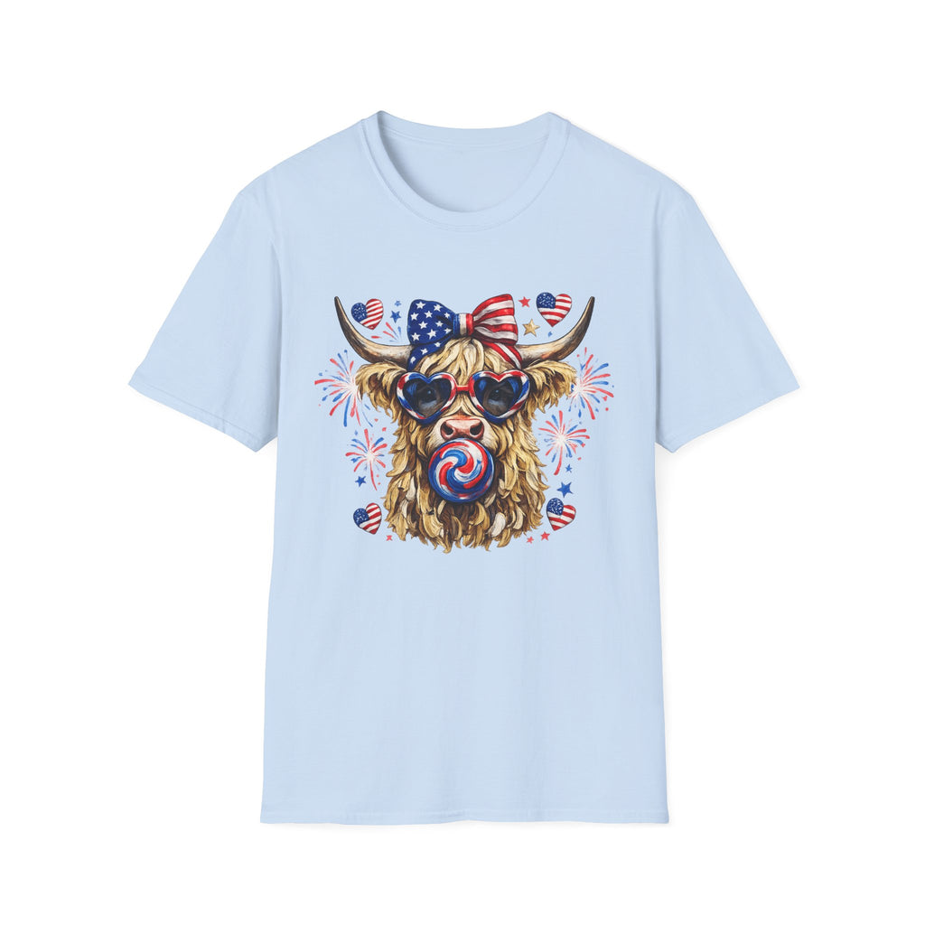 Patriotic Highland Cow T-Shirt — 4th of July American Flag Cow Tee