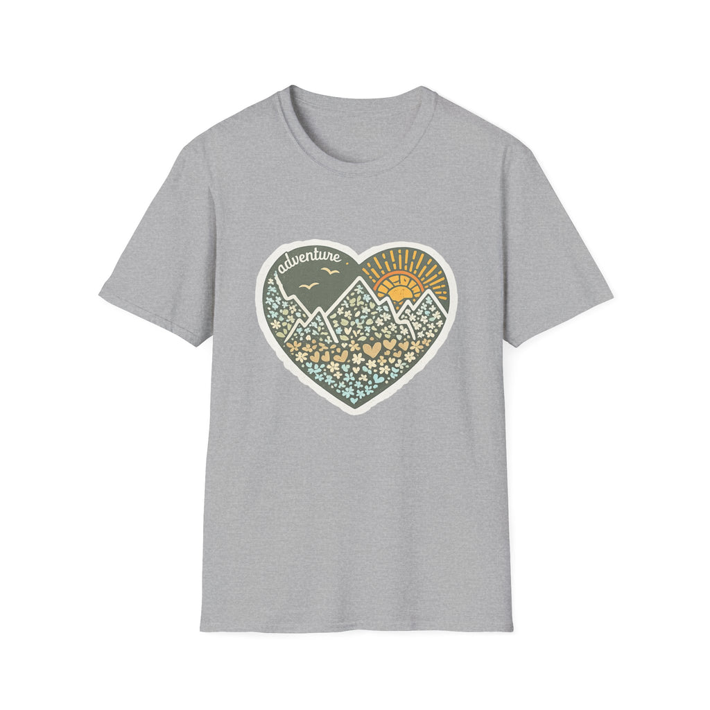 Adventure Heart Mountain T‑Shirt — Sunrise Nature Graphic Tee for Hikers & Outdoor Lovers