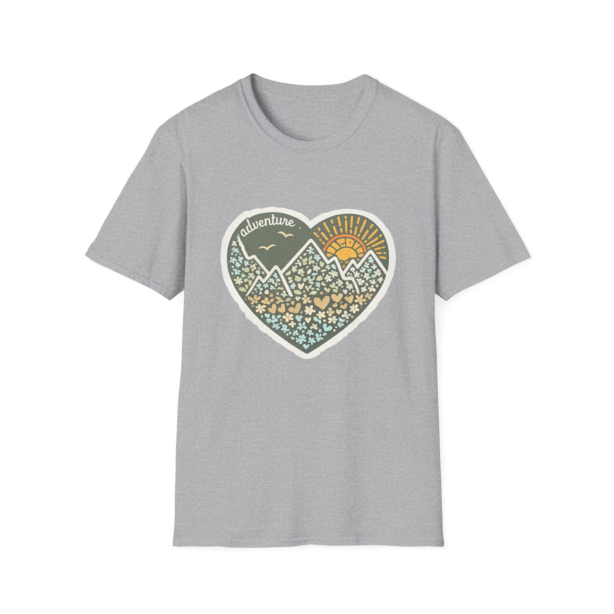 Adventure Heart Mountain T‑Shirt — Sunrise Nature Graphic Tee for Hikers & Outdoor Lovers