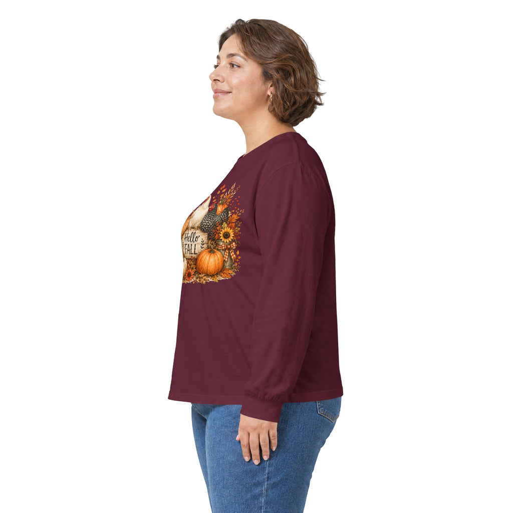 Hello Fall Pumpkin & Chickens Long Sleeve Tee