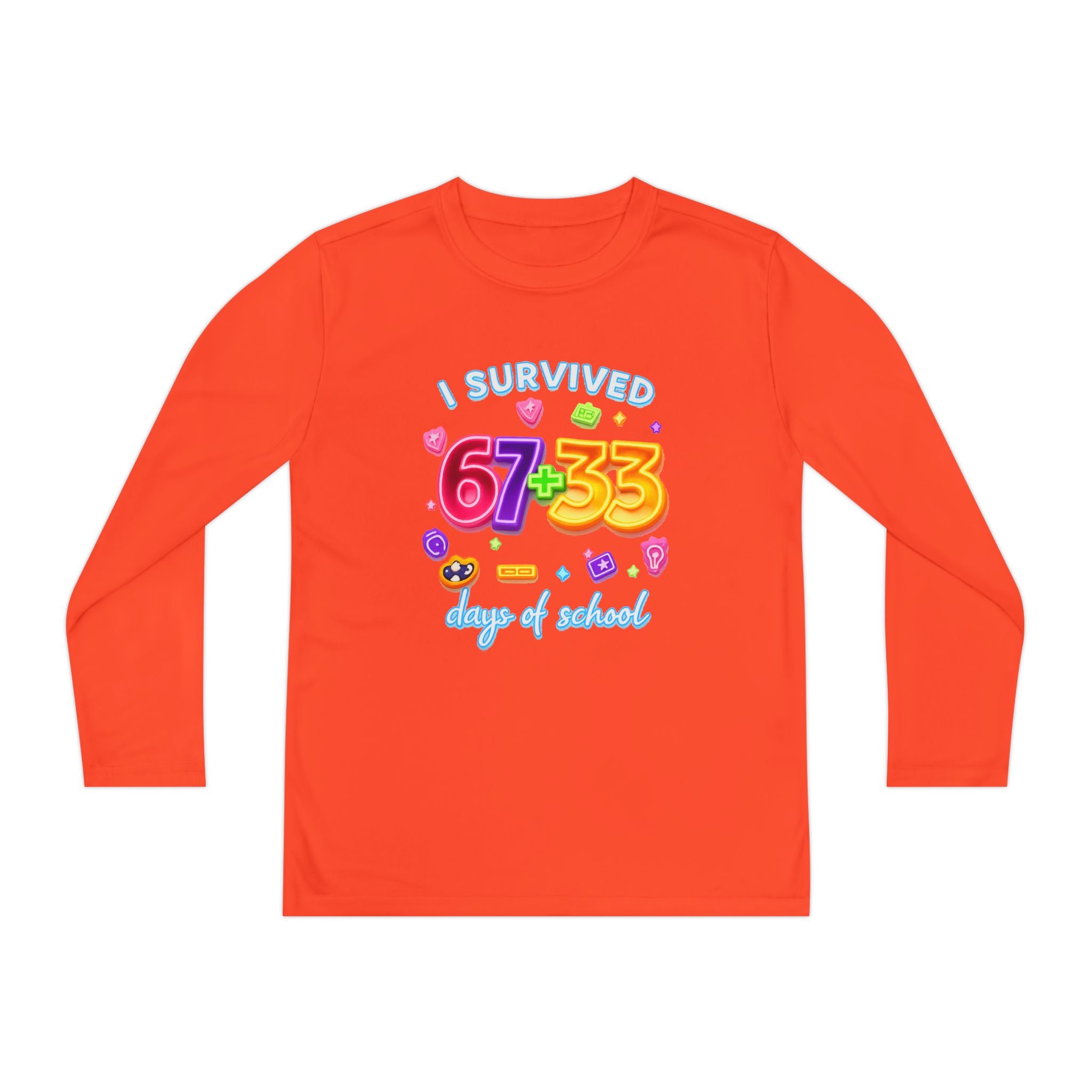 Youth Long Sleeve Tee — "I Survived 67+33 Days of School" Colorful Celebration Shirt