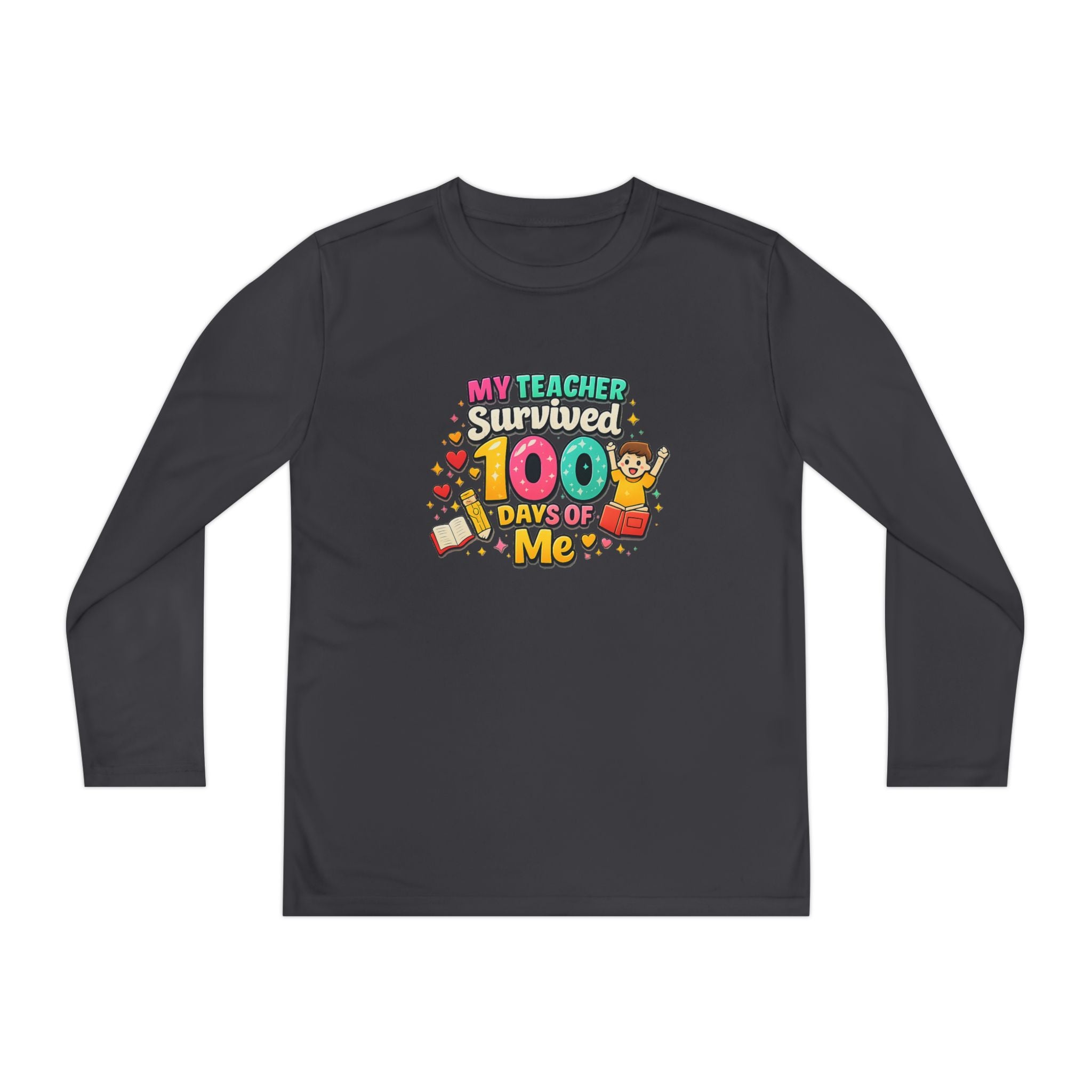 Kids Long Sleeve Tee — “My Teacher Survived 100 Days of Me” Colorful Celebration Shirt