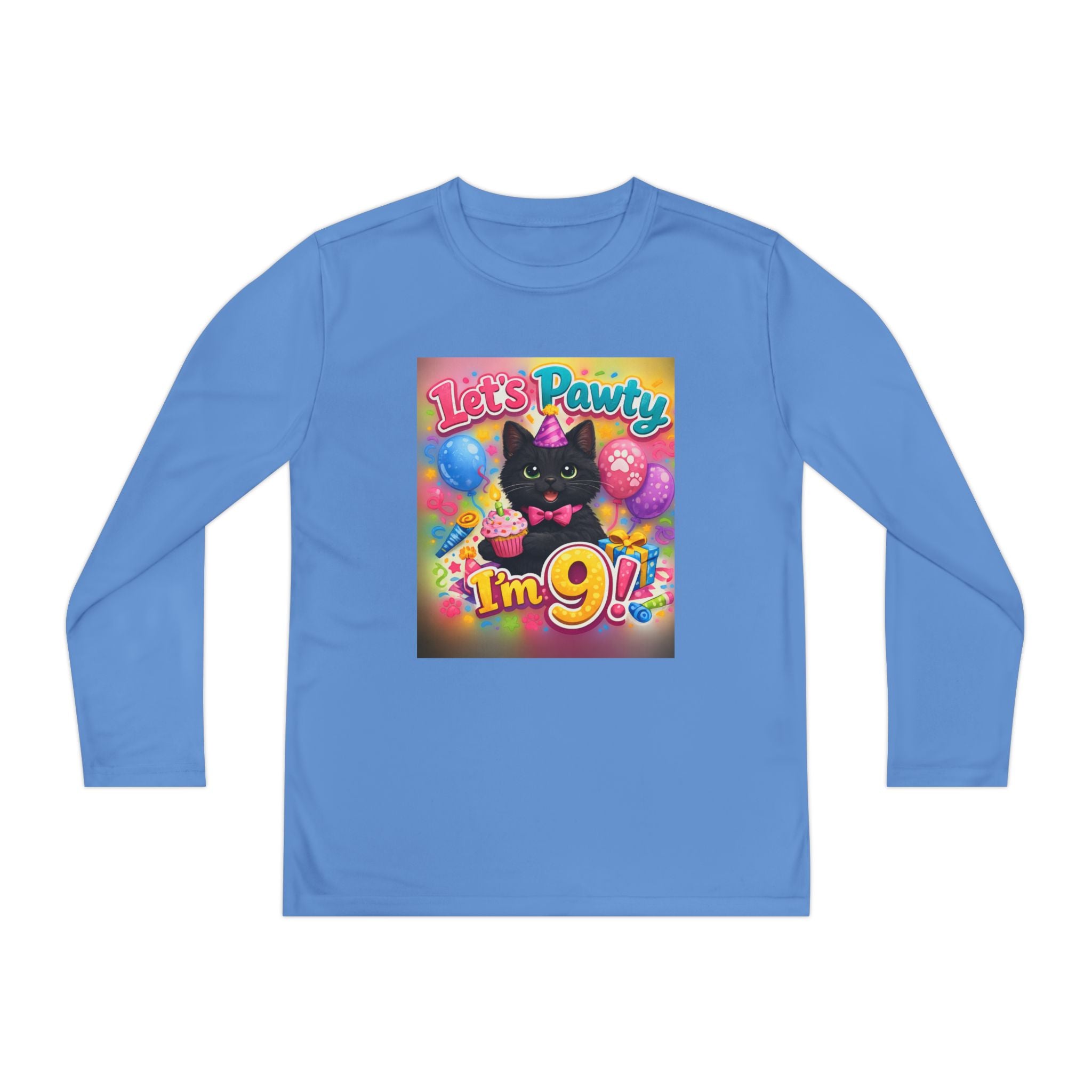 Kids' 9th Birthday Long Sleeve Tee — "Let's Pawty I'm 9!" Cat Birthday Shirt