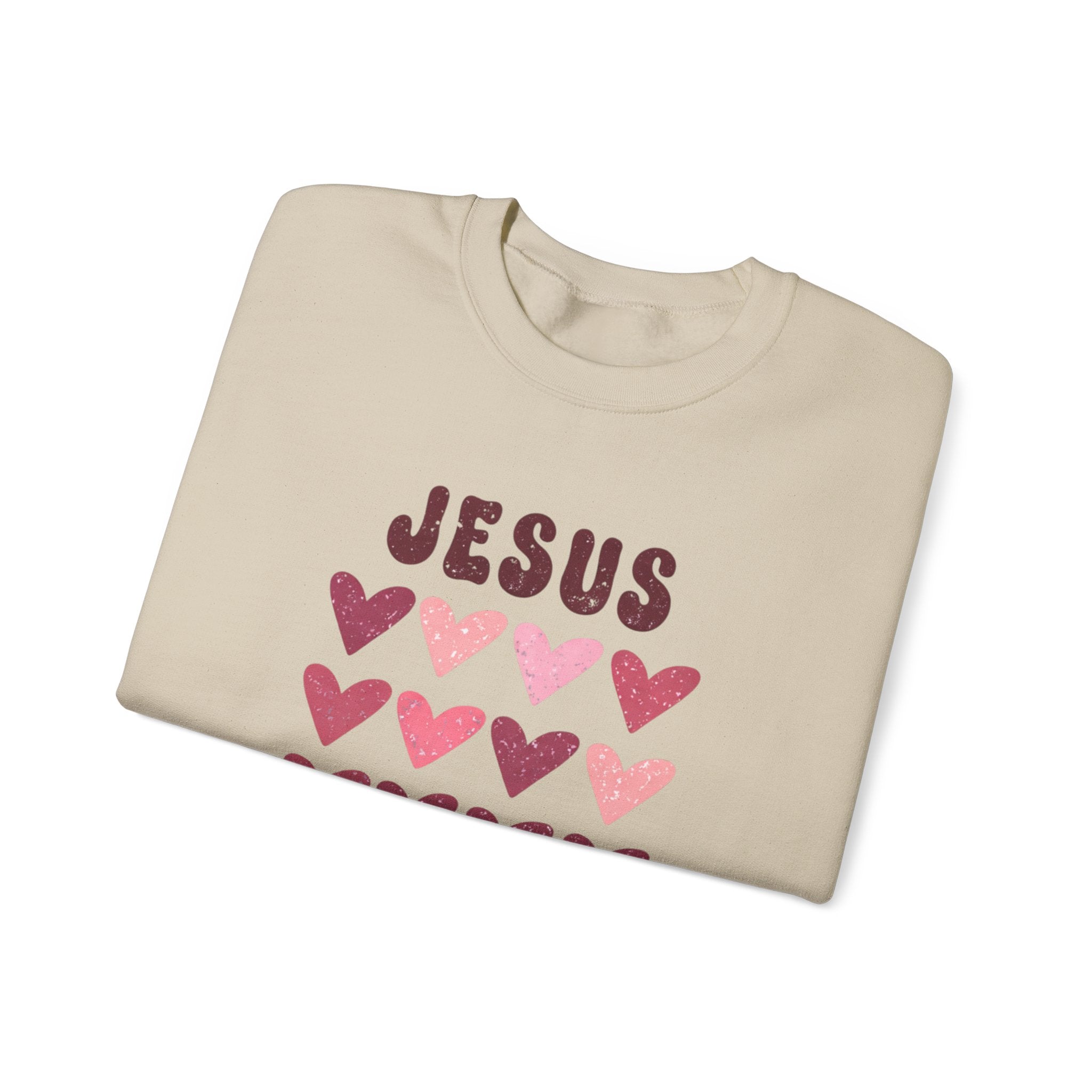Crewneck Sweatshirt — "Jesus Loves You" Pink Heart Graphic