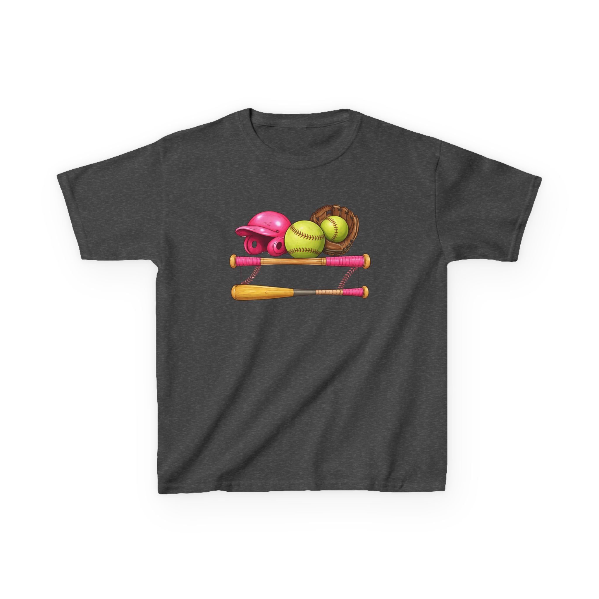 Kids Softball Gear T-Shirt — Pink Helmet, Bat & Glove Baseball Design