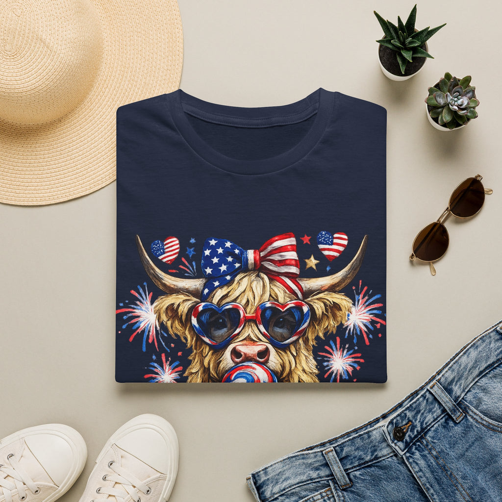 Patriotic Highland Cow T-Shirt — 4th of July American Flag Cow Tee